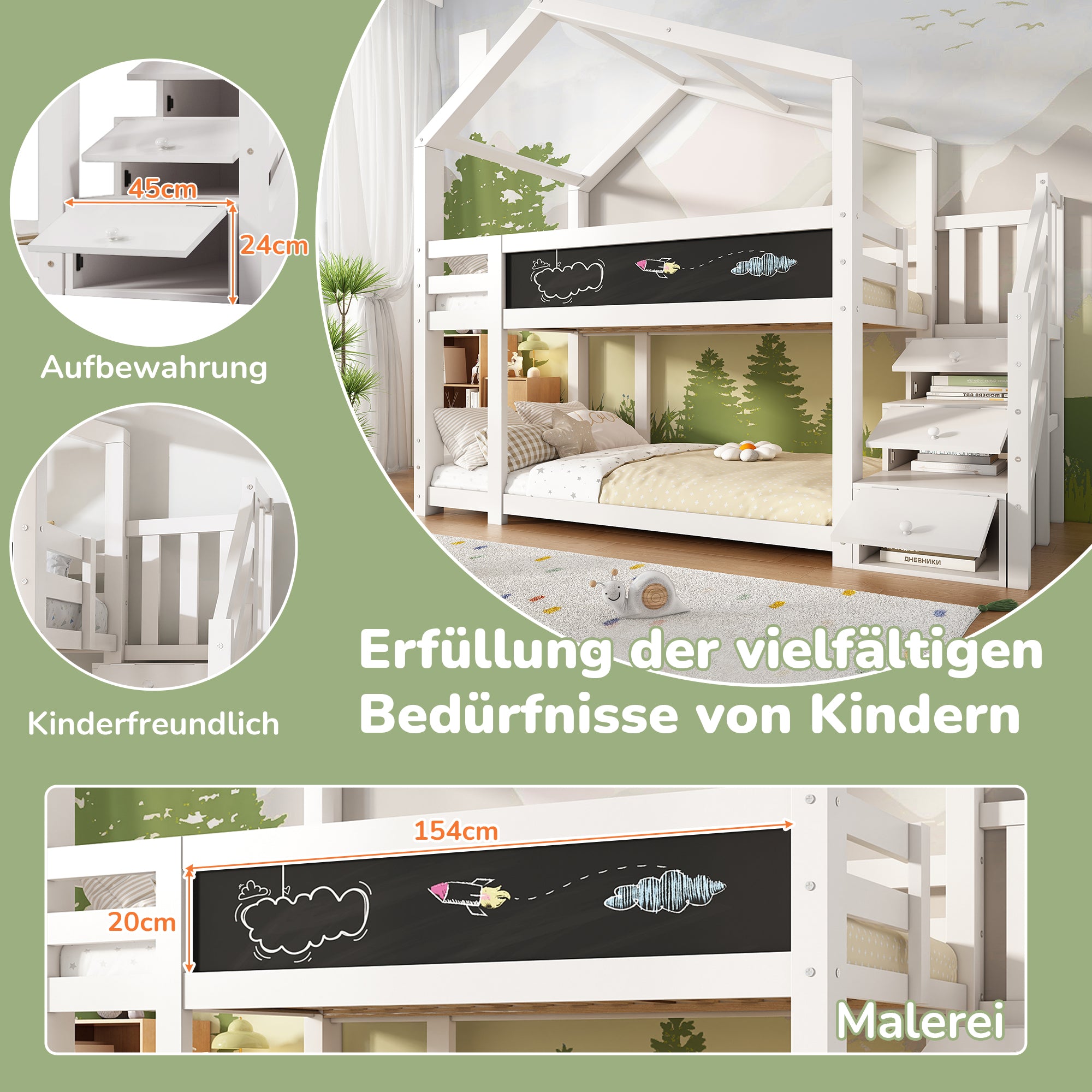 Children's Treehouse Bunk Bed 90x200cm, Storage, Fall Protection, White