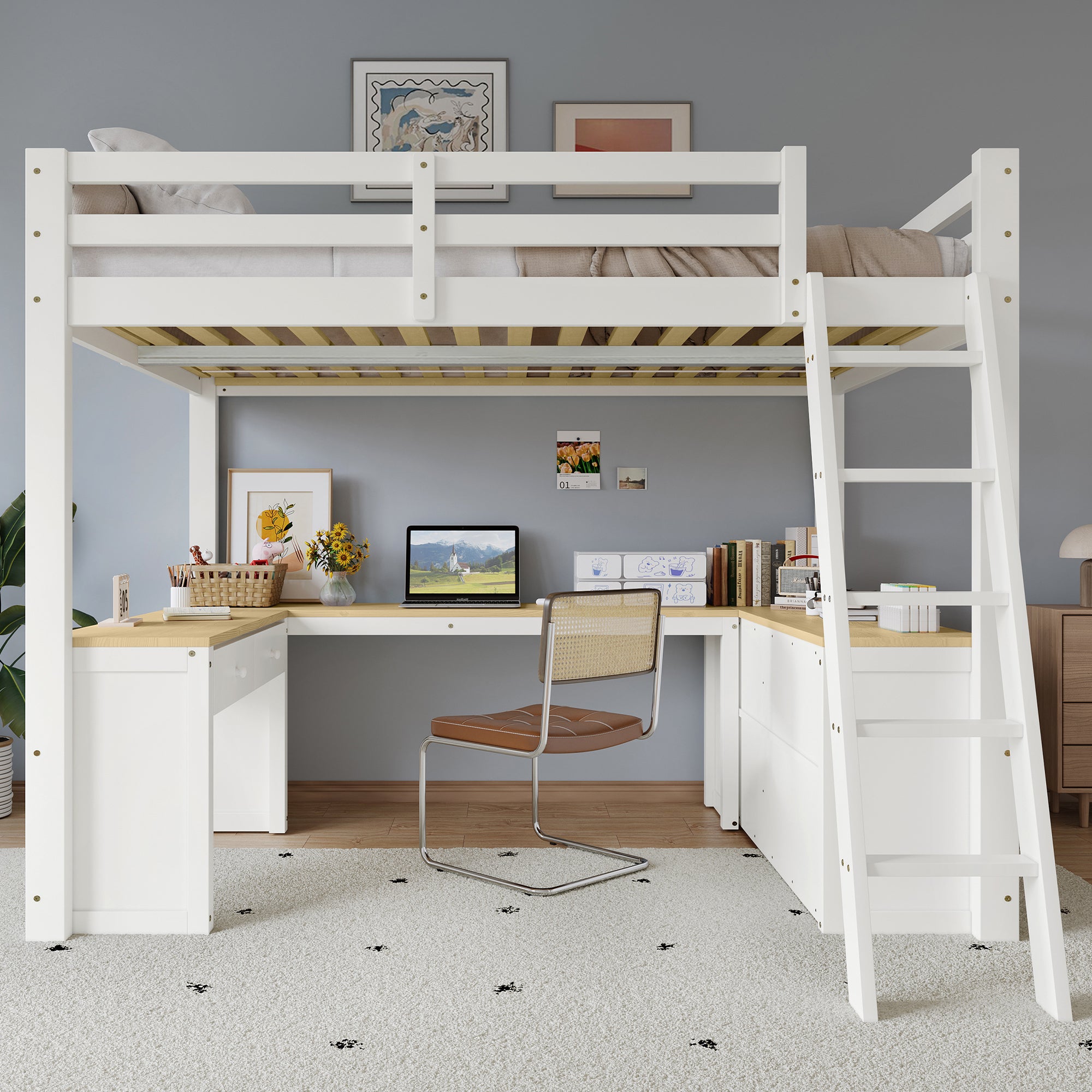 Loft Bed with U-Shaped Desk, Storage Shelf, 140x200cm, White Pine/MDF