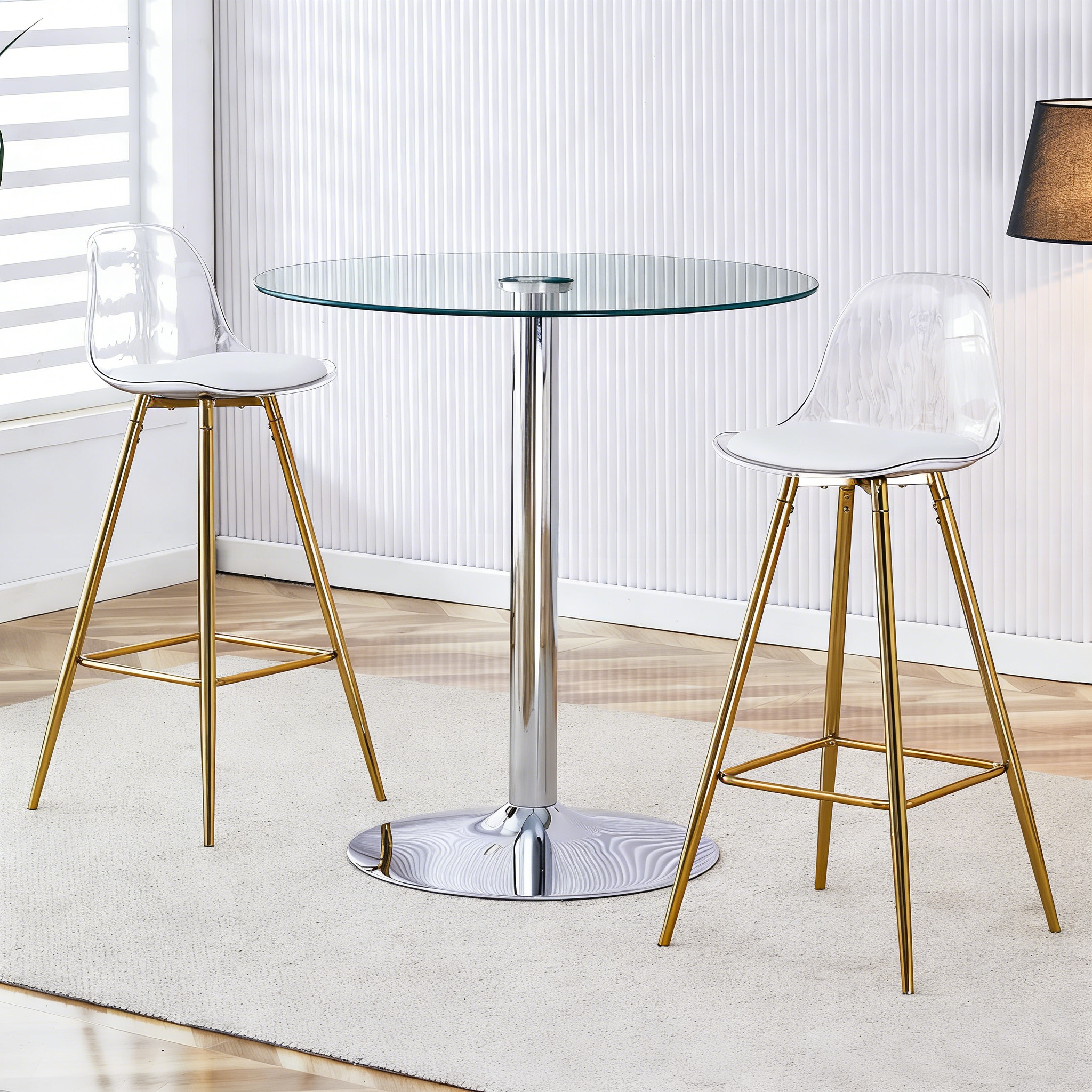Flexible Bar Set: Round Glass Table 89 cm + 2 Bar Stools, Gold-Colored Legs