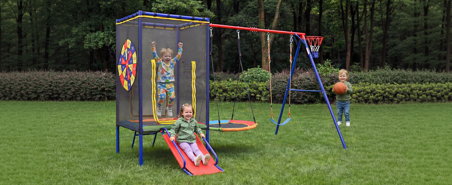 Multifunctional Outdoor Swing Set with Trampoline, Slide, Basketball Hoop and Nest Swing, Stable Steel Construction