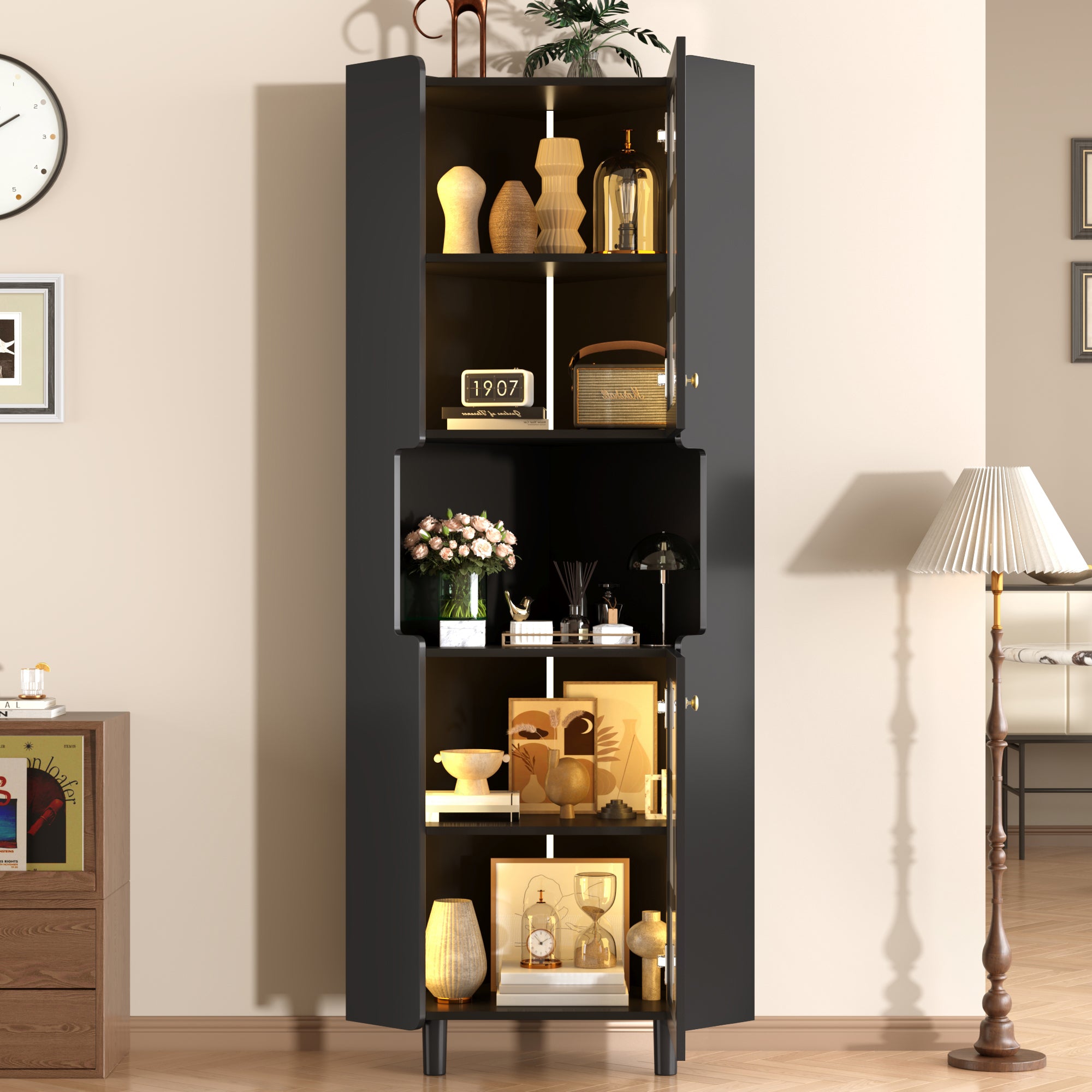 Corner Cabinet Multifunctional LED Storage - Black Lacquer Finish