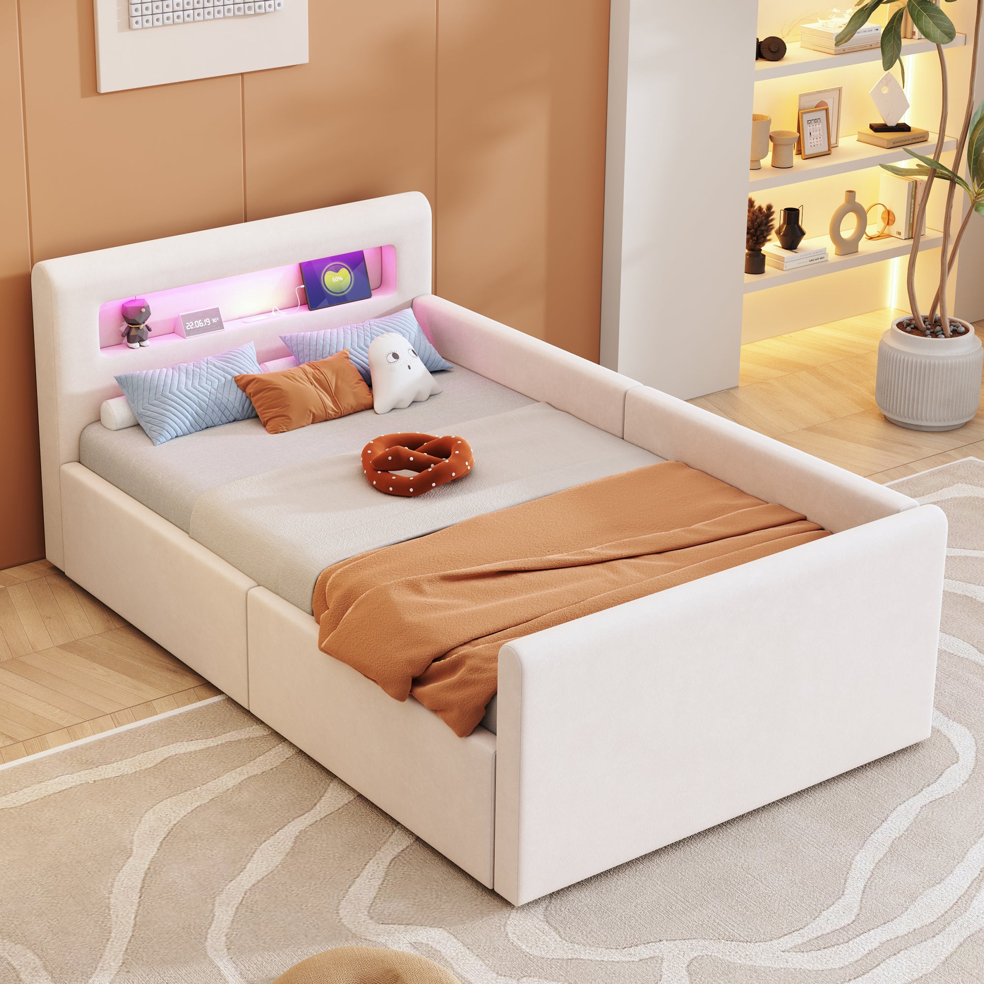 Upholstered Children's Bed 90x200 cm, LED/USB, Hydraulic Storage, Shelf, Velvet Fabric Beige
