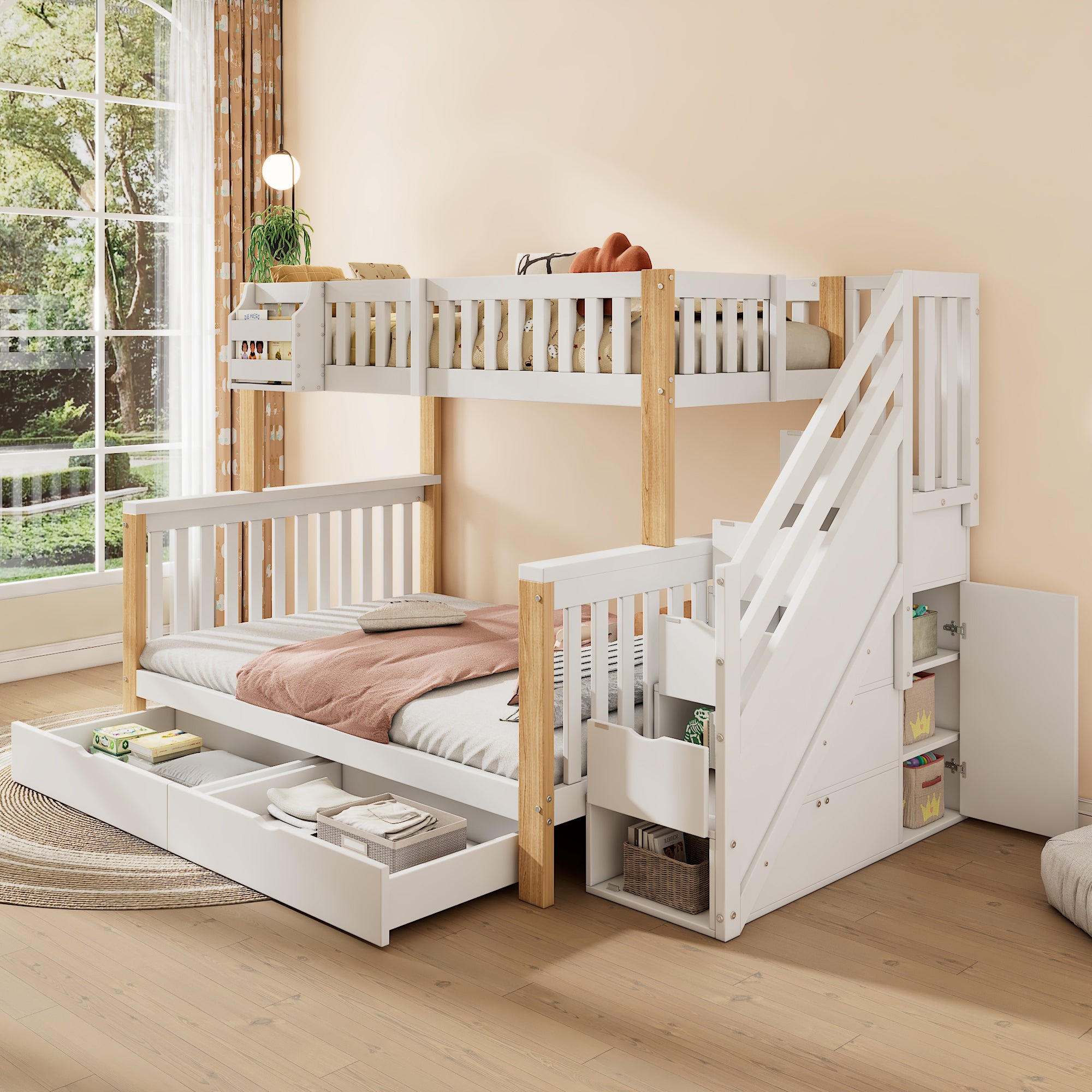 Children's Bunk Bed, Multifunctional Double Bed with Storage, White + Natural Color