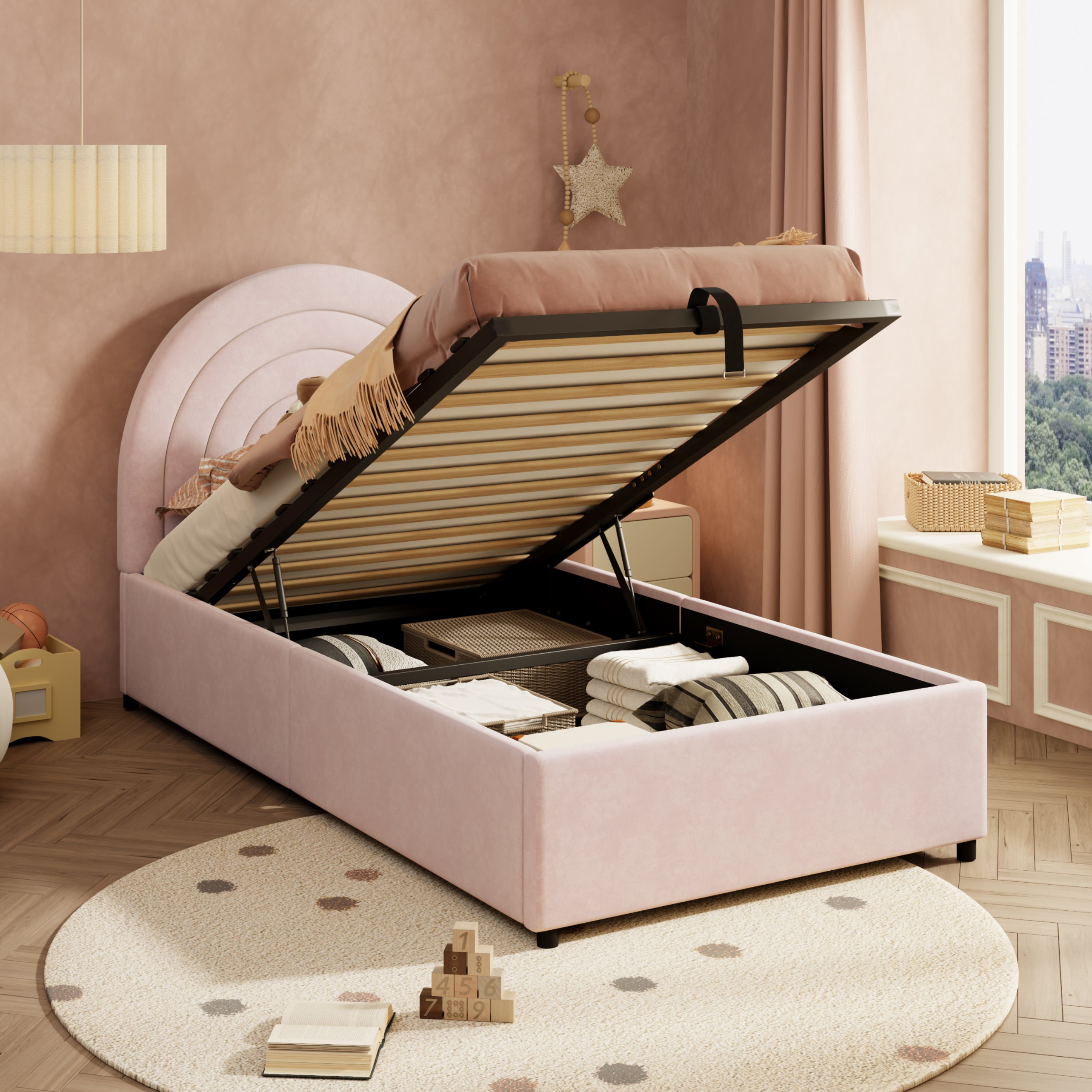Upholstered Single Bed 90x200 with Slatted Base and Headboard, Pink Velvet