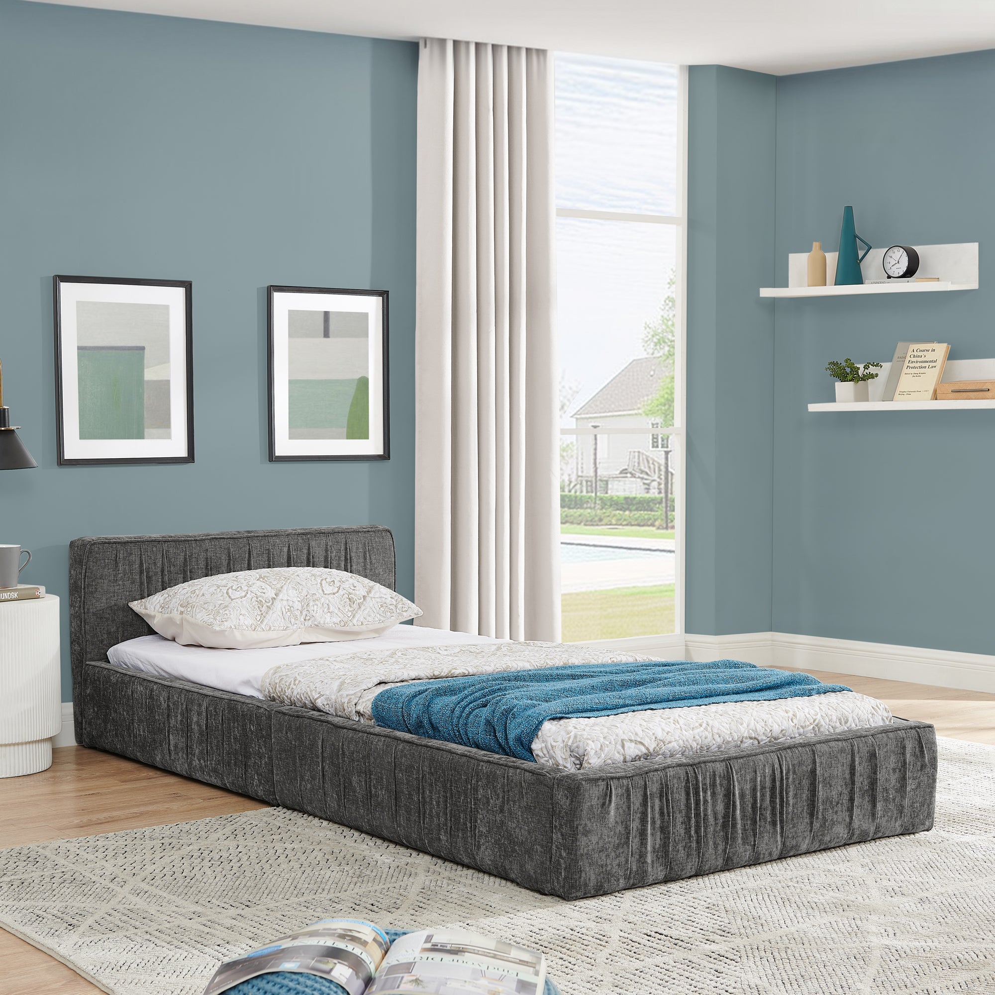 Single Bed 90x200cm Eucalyptus Wood Frame, Chenille Dark Grey