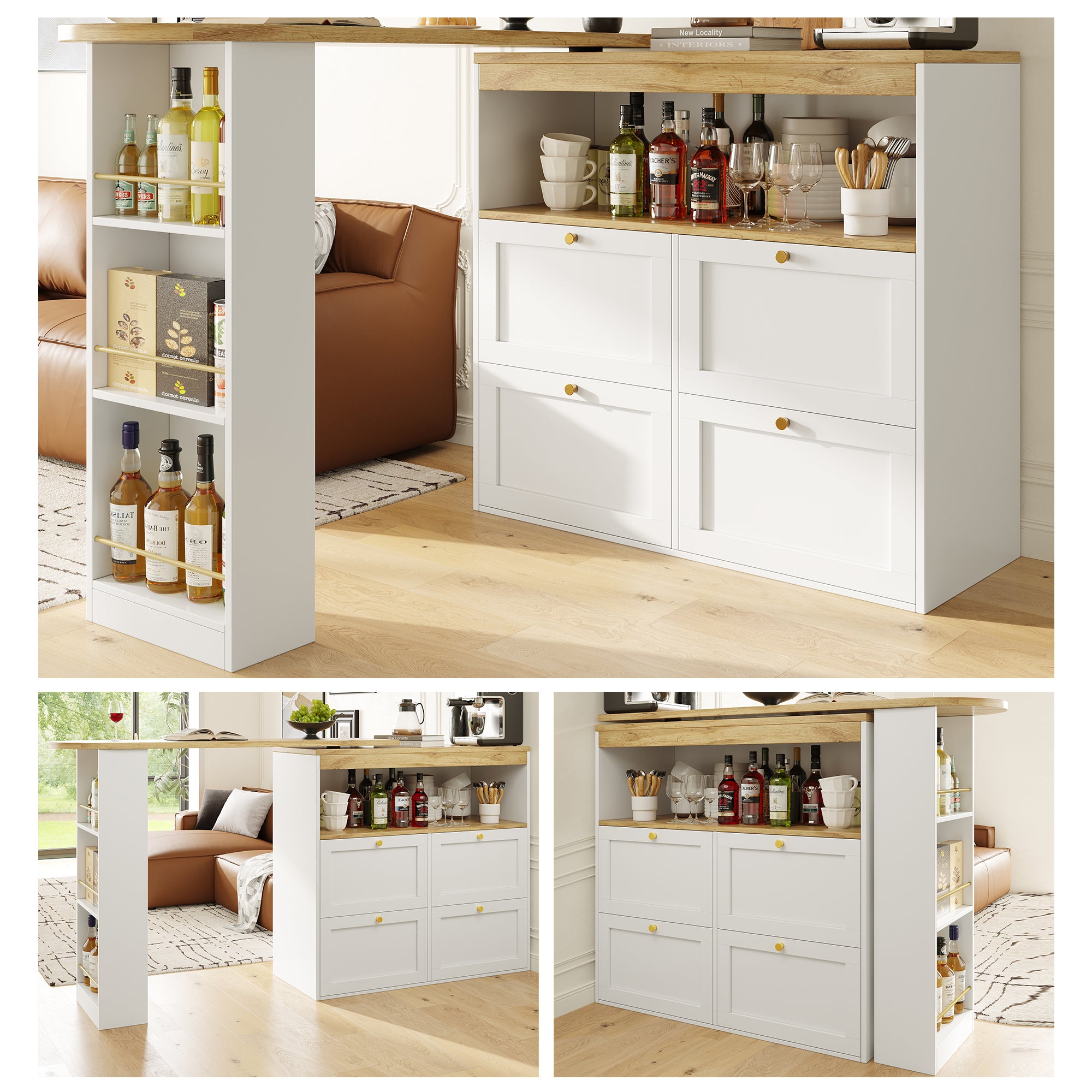 Rotating Standing Table 360° with 4 Drawers & Open Shelves - White