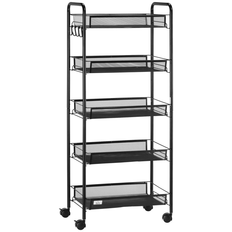 Steel Mesh Basket Storage Trolley, Five-Tier with Wheels - Black