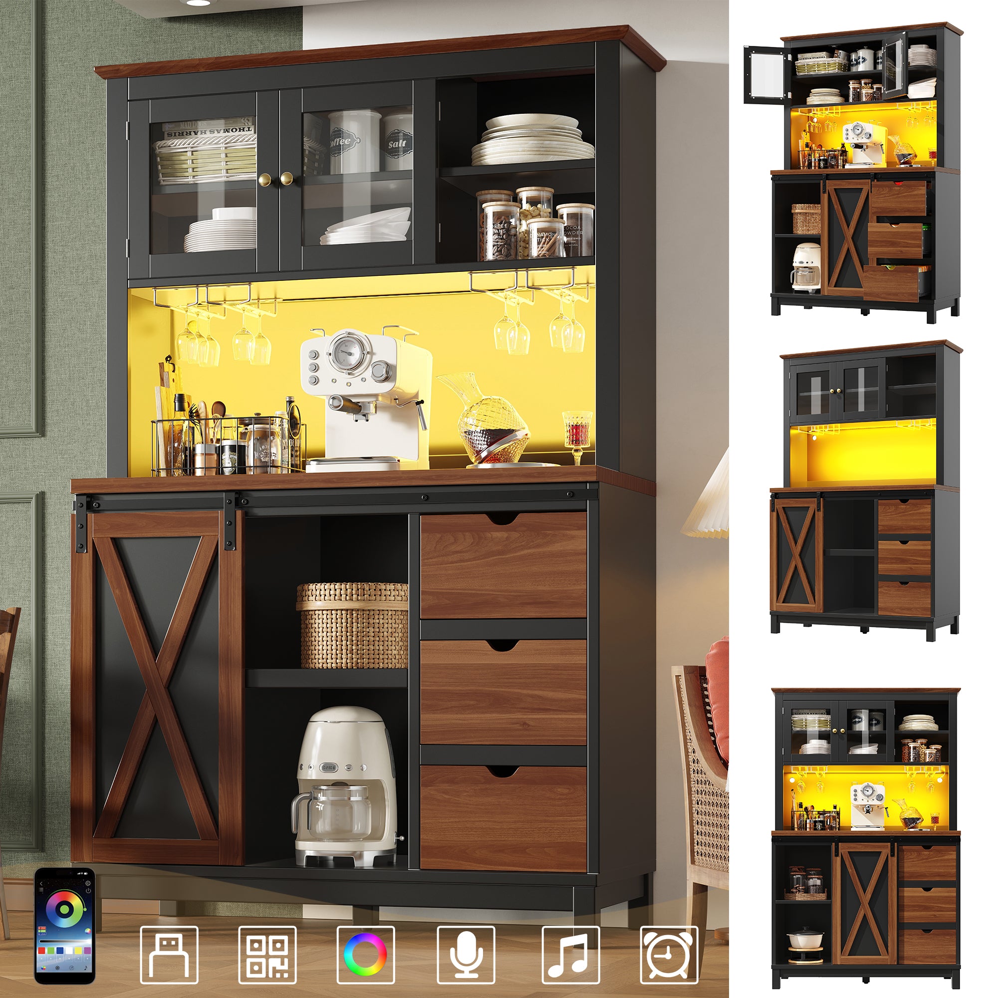 Modern Tall Sideboard Cabinet with LED App Control and Sliding Door, Black