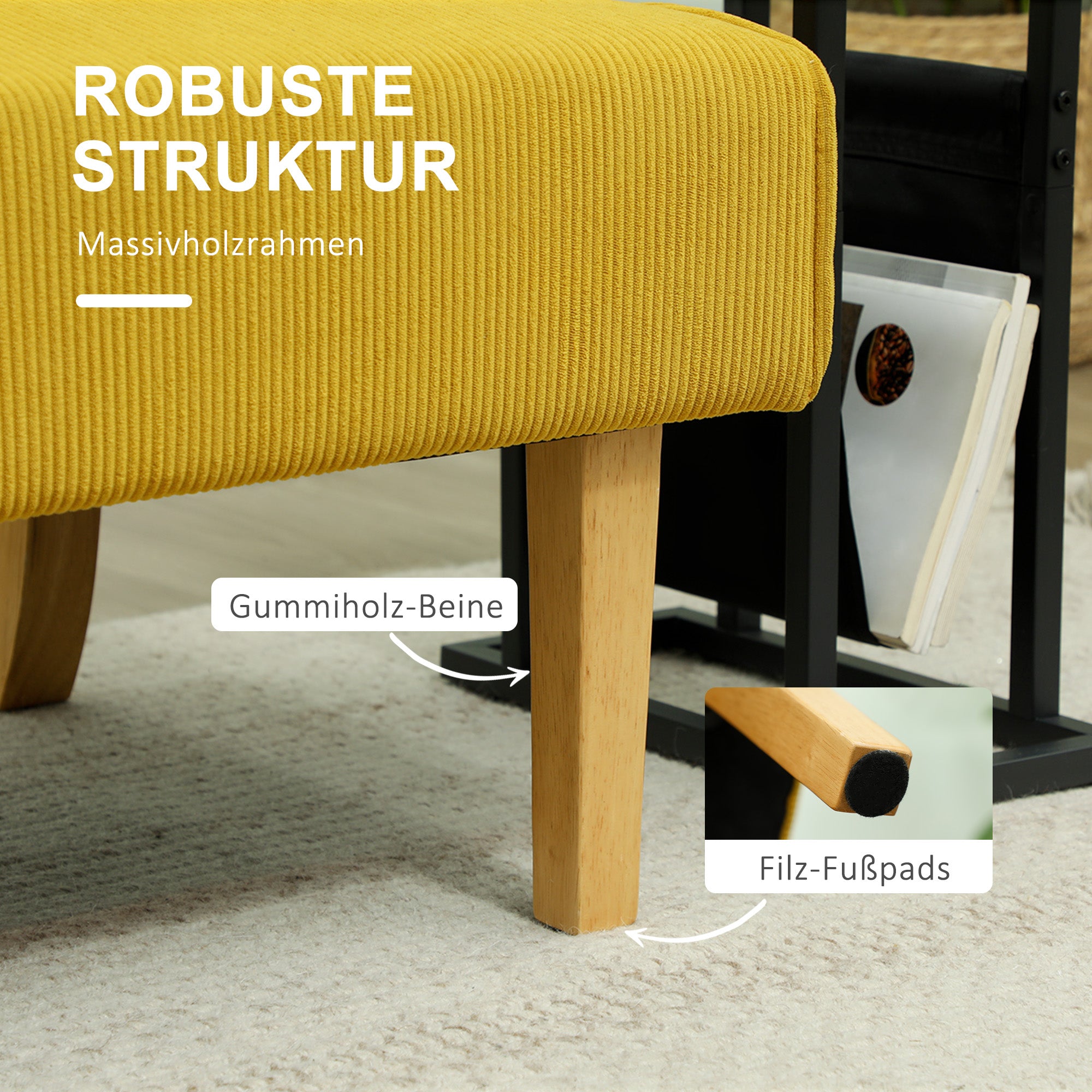 2-Seater Sofa Upholstered Corduroy Wooden Legs, Yellow