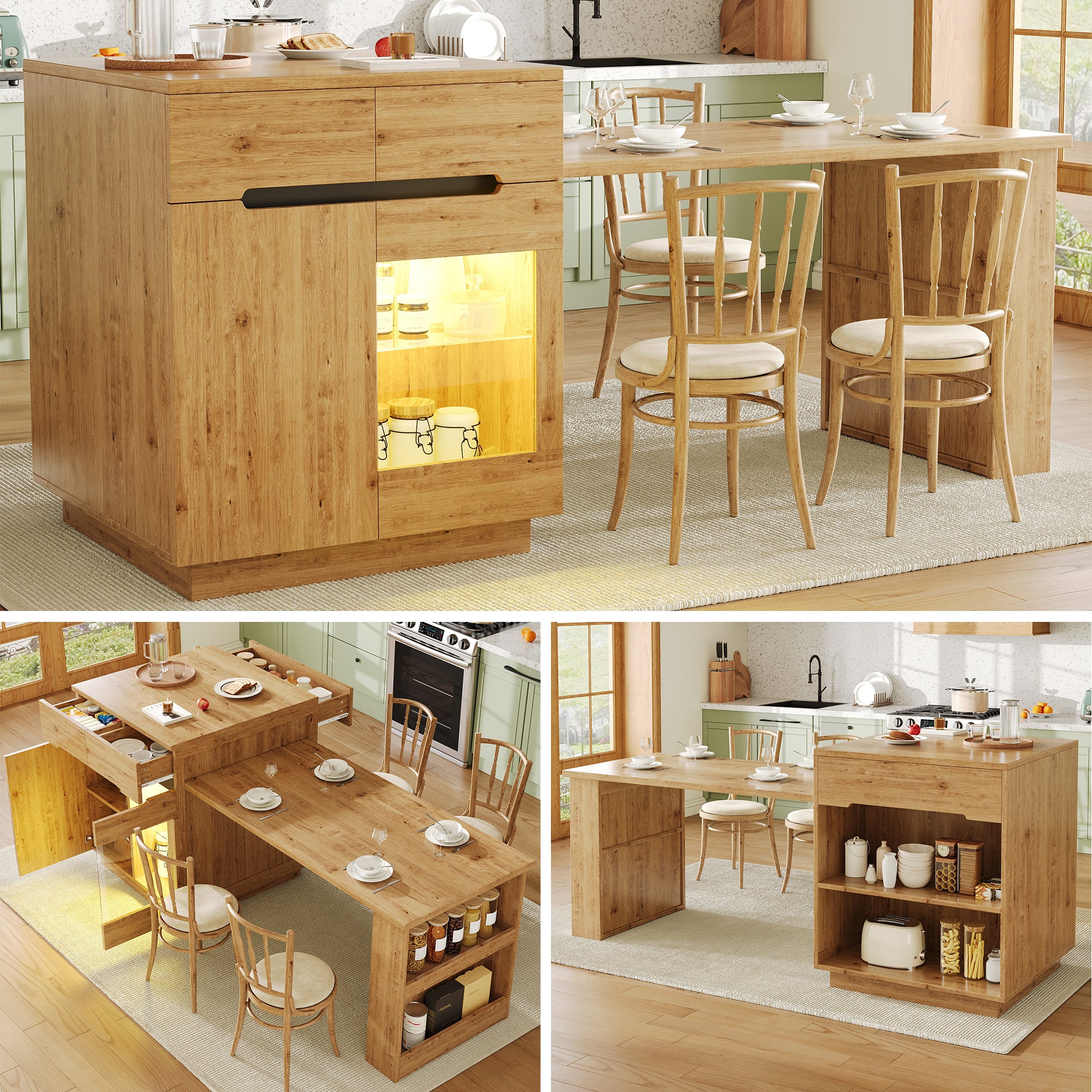 Kitchen Island with Extendable Table, Multifunctional Cabinet with LED Lighting and Drawers, Oak Look