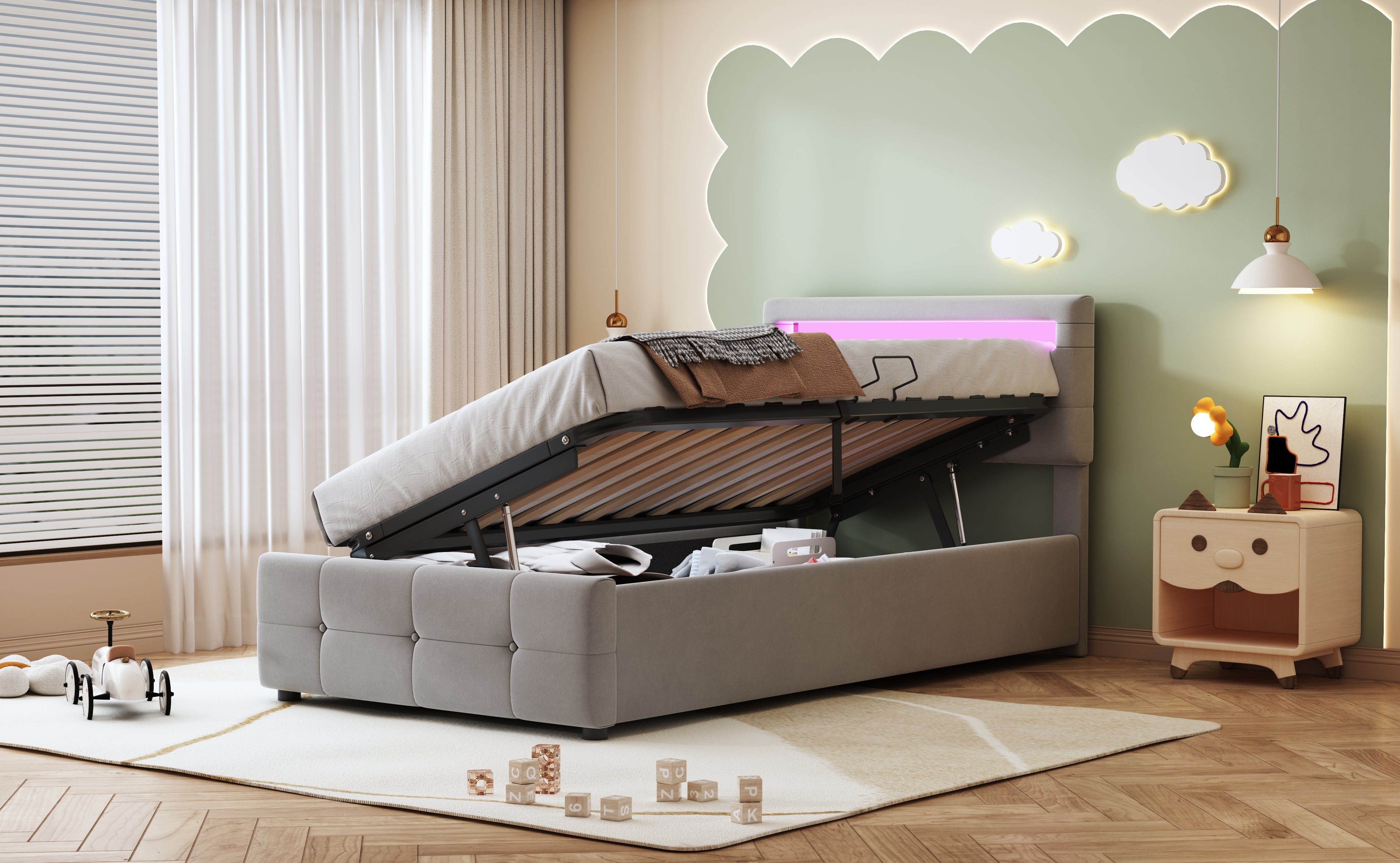 Upholstered Children's Bed, 90x200 cm with LED, Hydraulic Storage, Adjustable Headboard, Velvet Grey