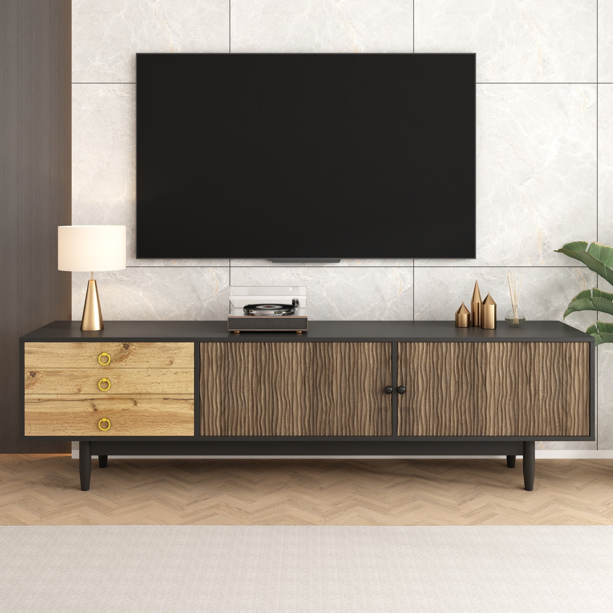TV cabinet, water wave pattern, three drawers, wood and black