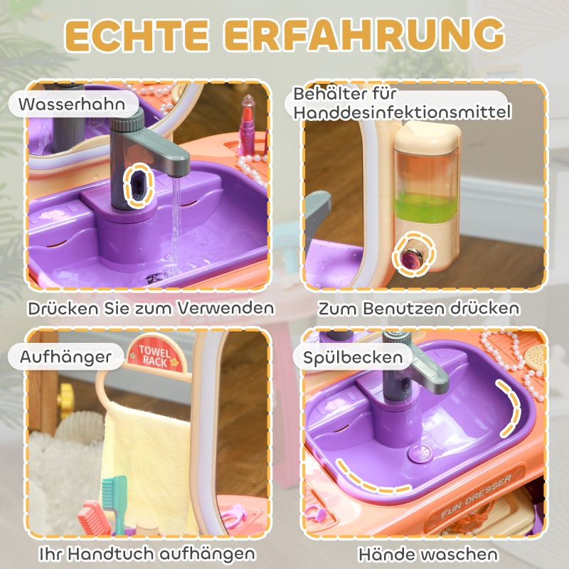 Children's Vanity Table, LED Mirror, Music, Faucet, Purple