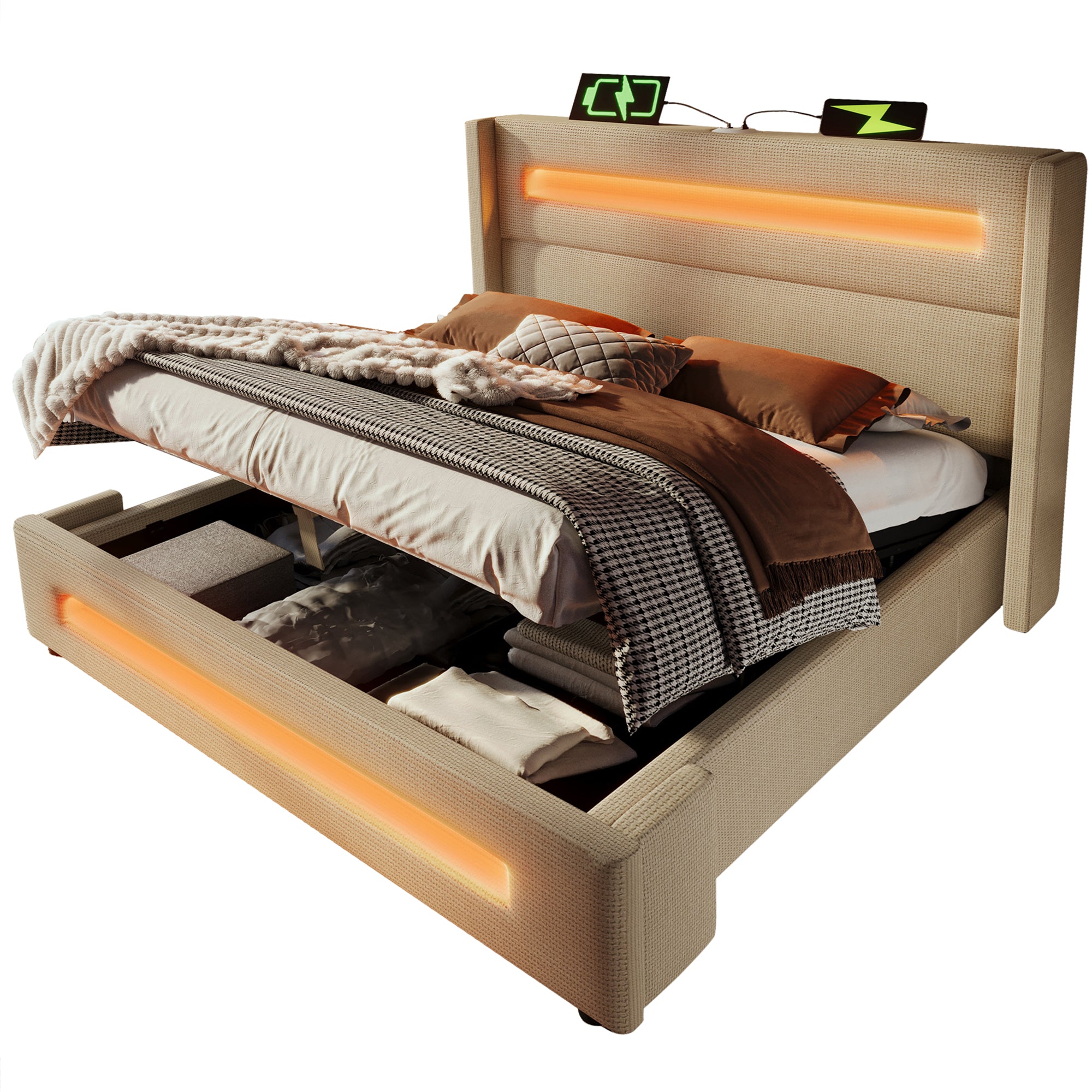Upholstered Double Bed, 160x200cm LED Hydraulic Storage with USB-C, Beige Linen