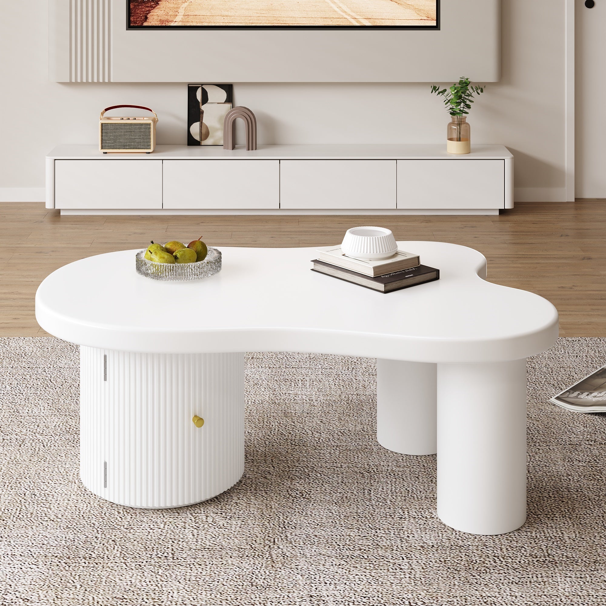 Asymmetrical Coffee Table, Stylish Sturdy with Storage, White
