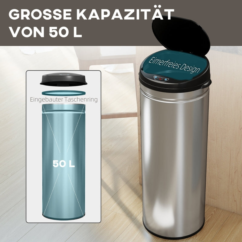 Sensor Waste Bin 50L Touchless Soft-Close Stainless Steel Silver