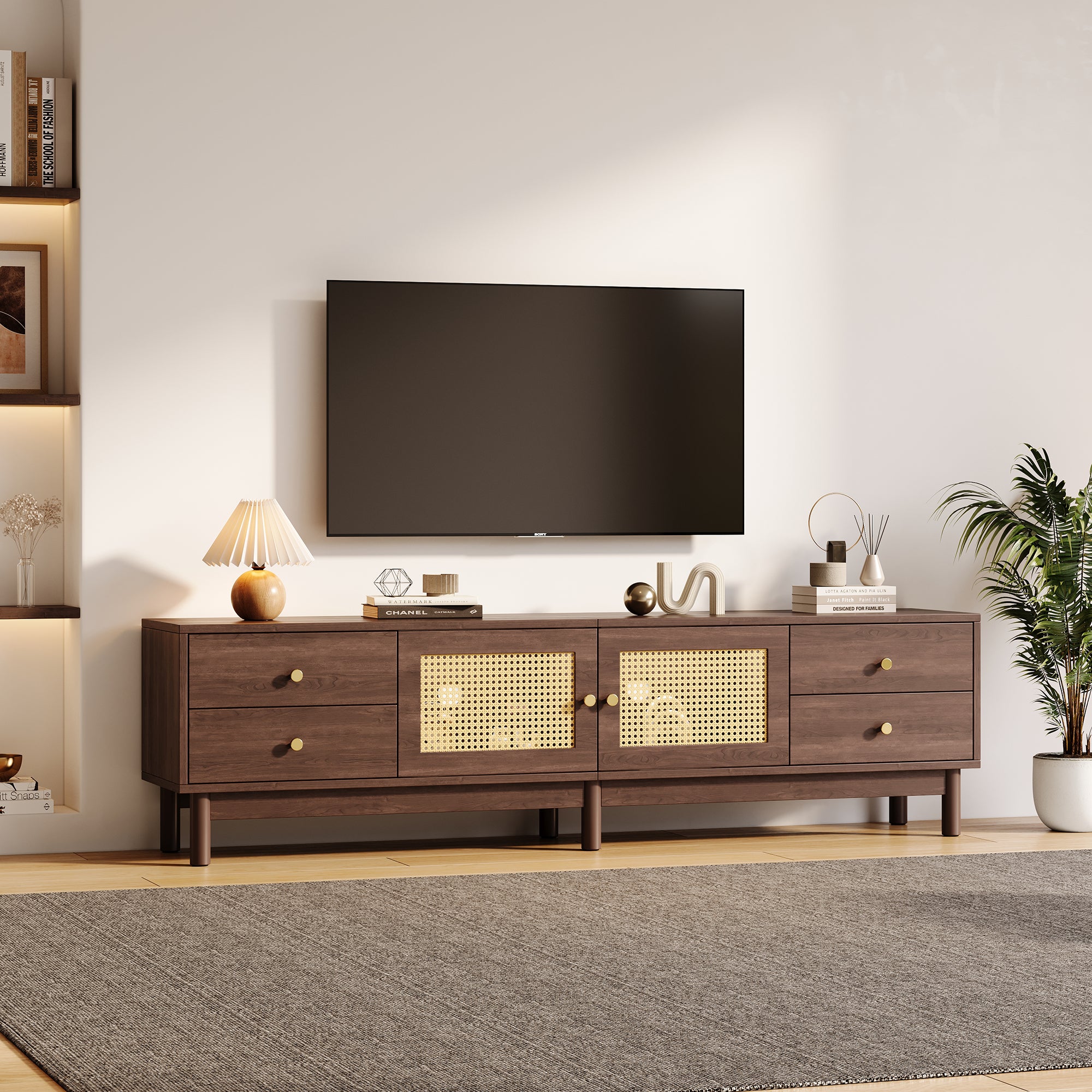TV Cabinet, 180cm with Rattan Doors, 4 Drawers, Cable Management, Dark Wood