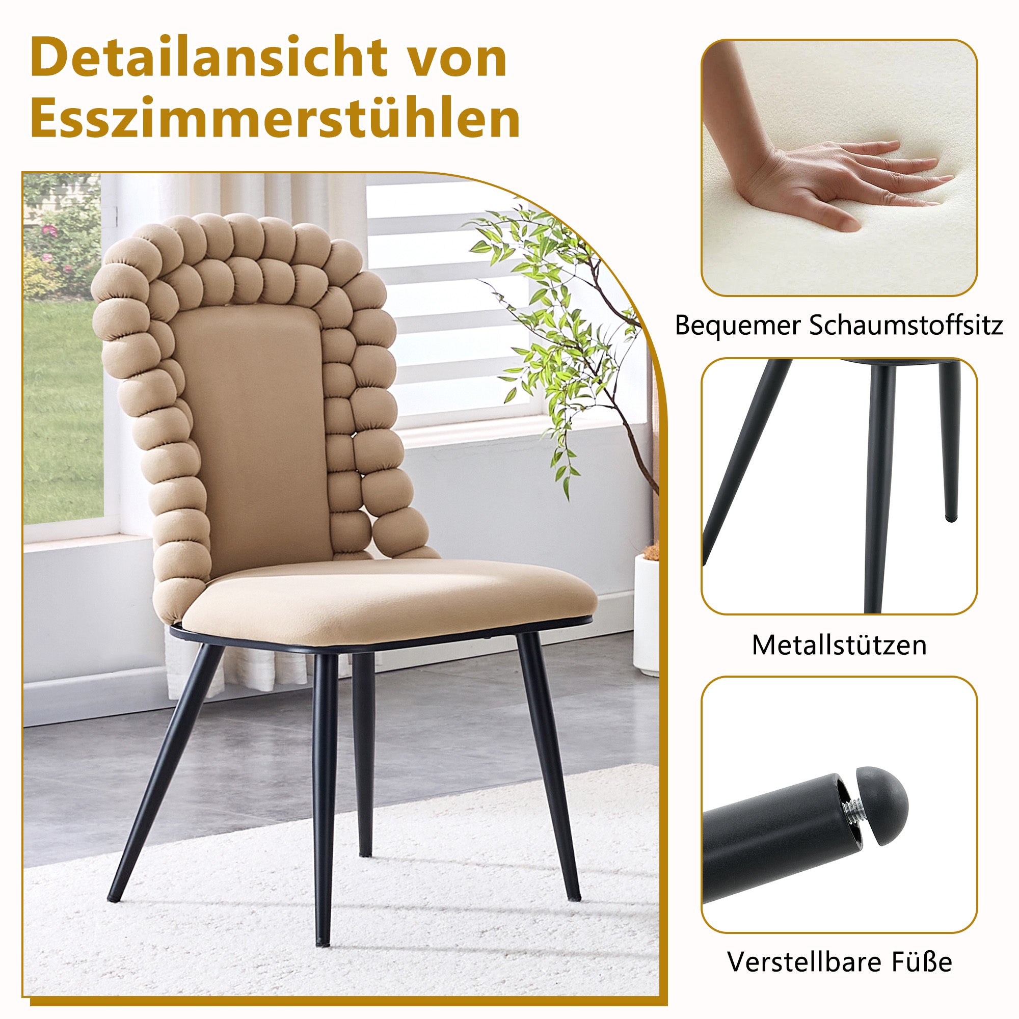 Dining Chairs (Set of 2), Ball Chain Backrest, Black Metal Legs, Camel Velvet