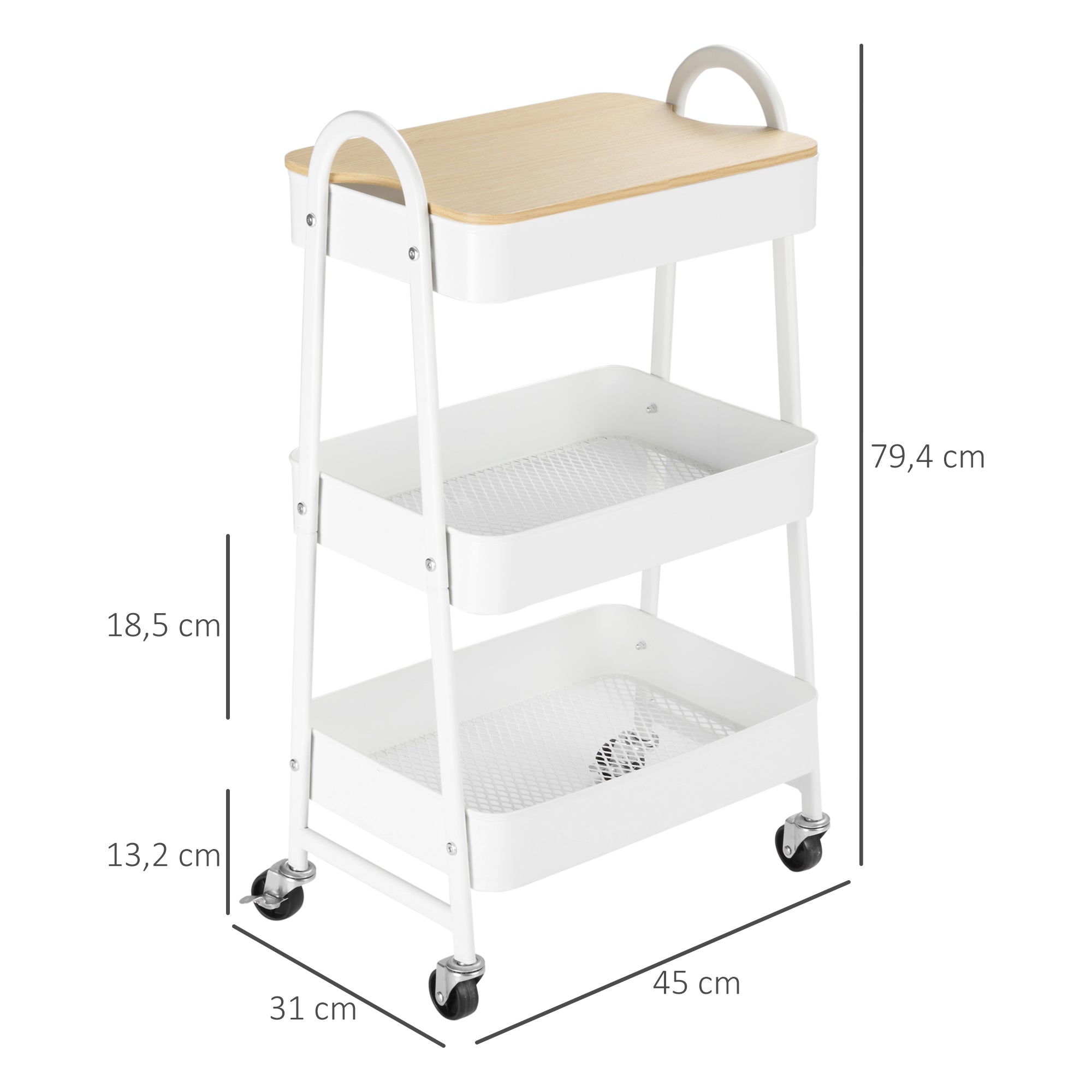 Kitchen Trolley 3-Tier Rolling Cart, Metal Steel White
