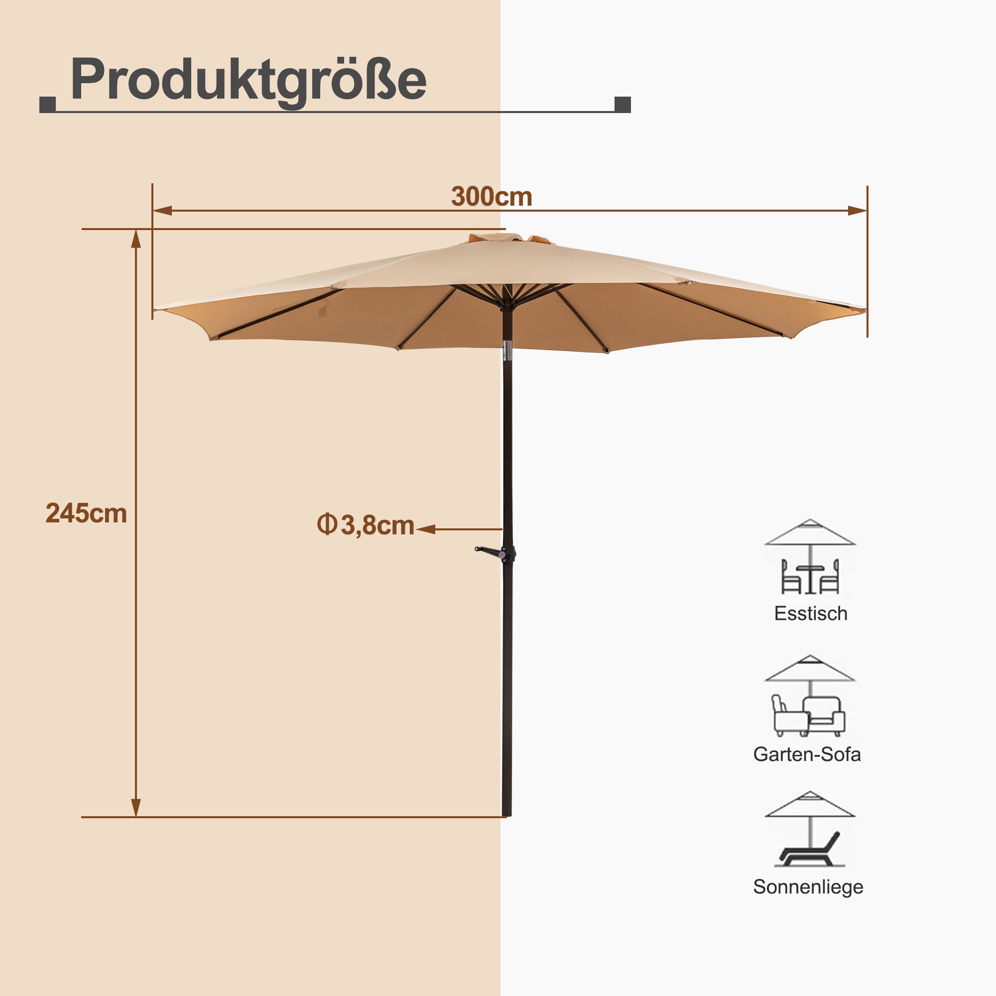 Garden Parasol 300x245cm Double Crank 8-Ribs Waterproof Fabric Khaki