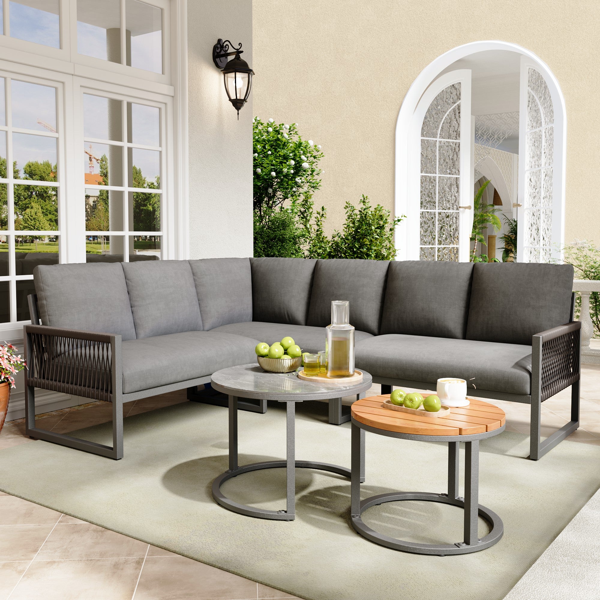 Garden Lounge Set Corner Sofa 6-7 Seater Adjustable Legs - Grey