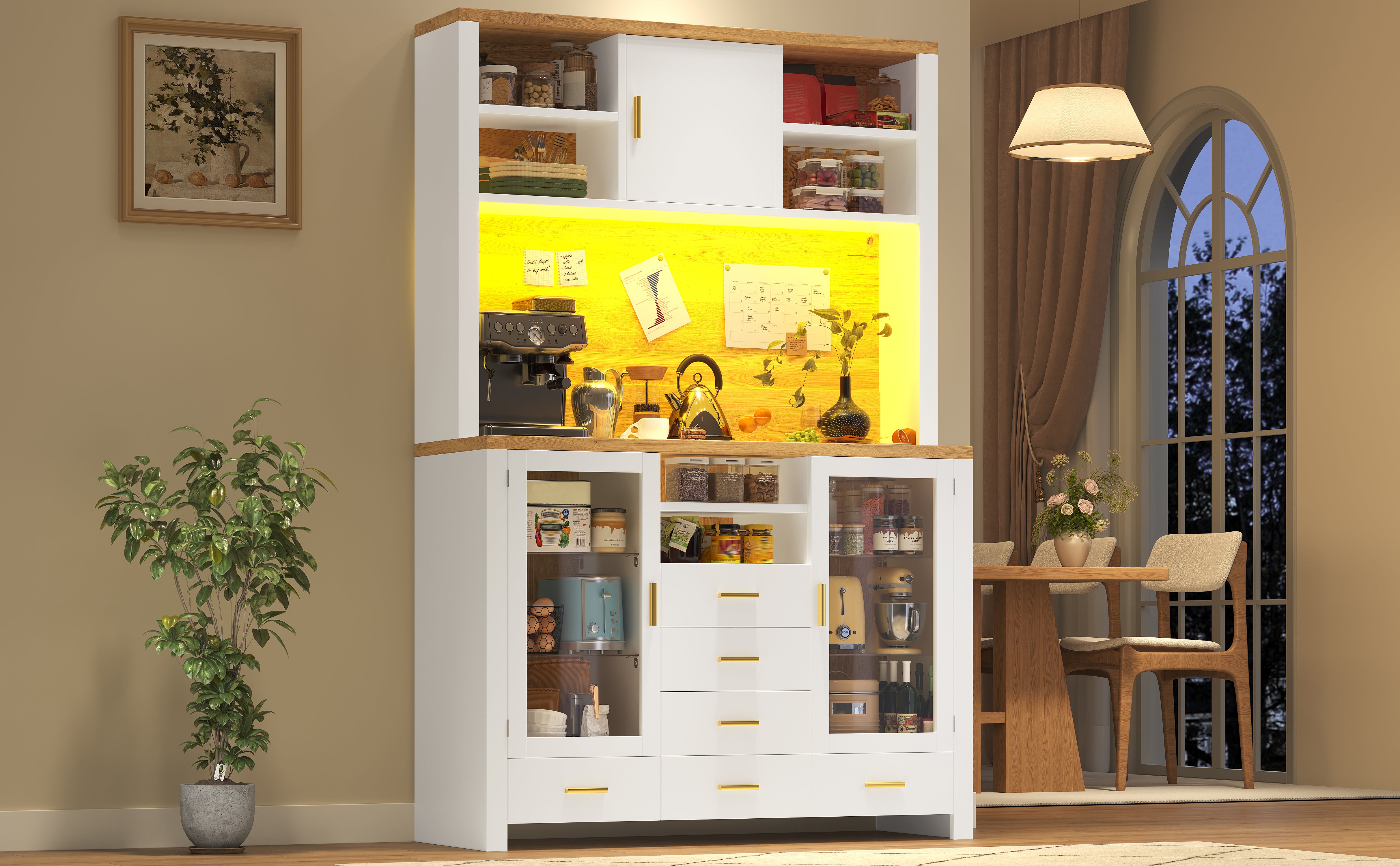 Buffet Sideboard Cabinet with LED Light Strip and Storage Drawers, 120x40x188cm, White and Wood Look