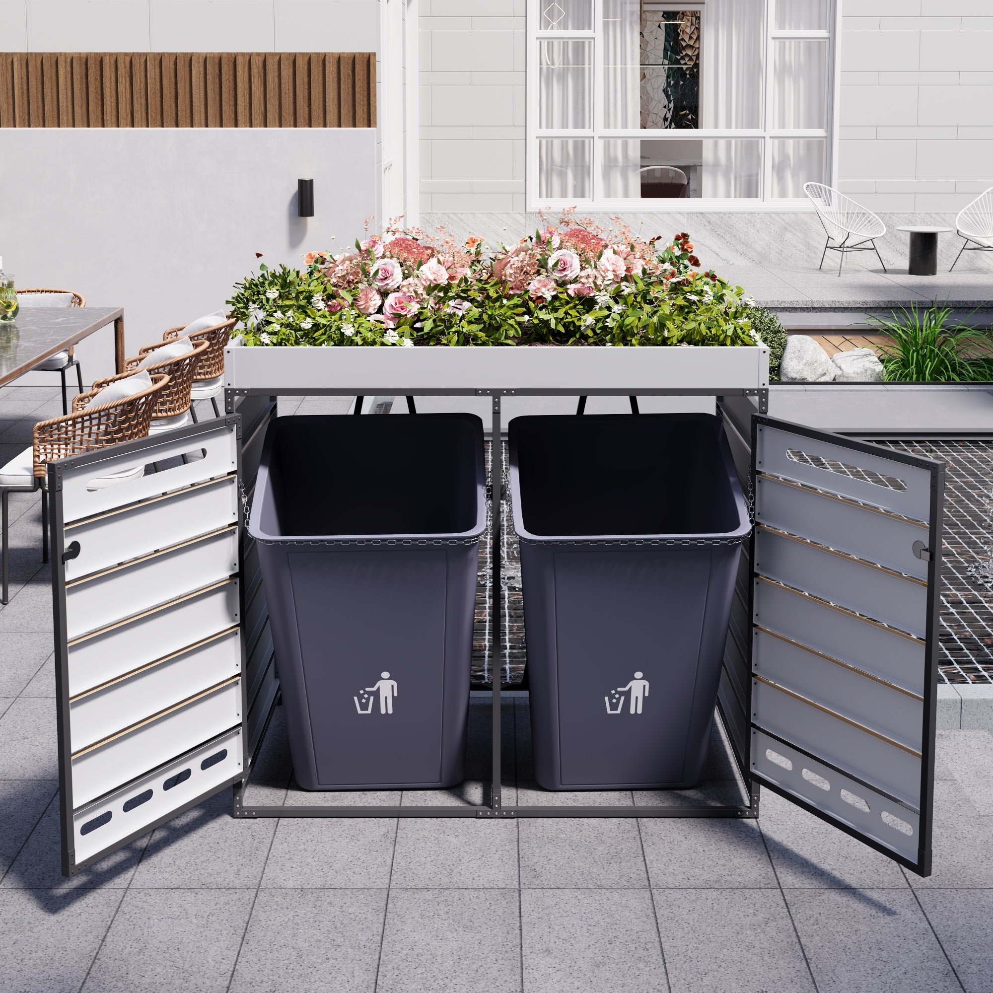 Garden Bin Storage with Planter Box, Slotted Ventilation and Lockable Door, Iron with Wood-Look Slats