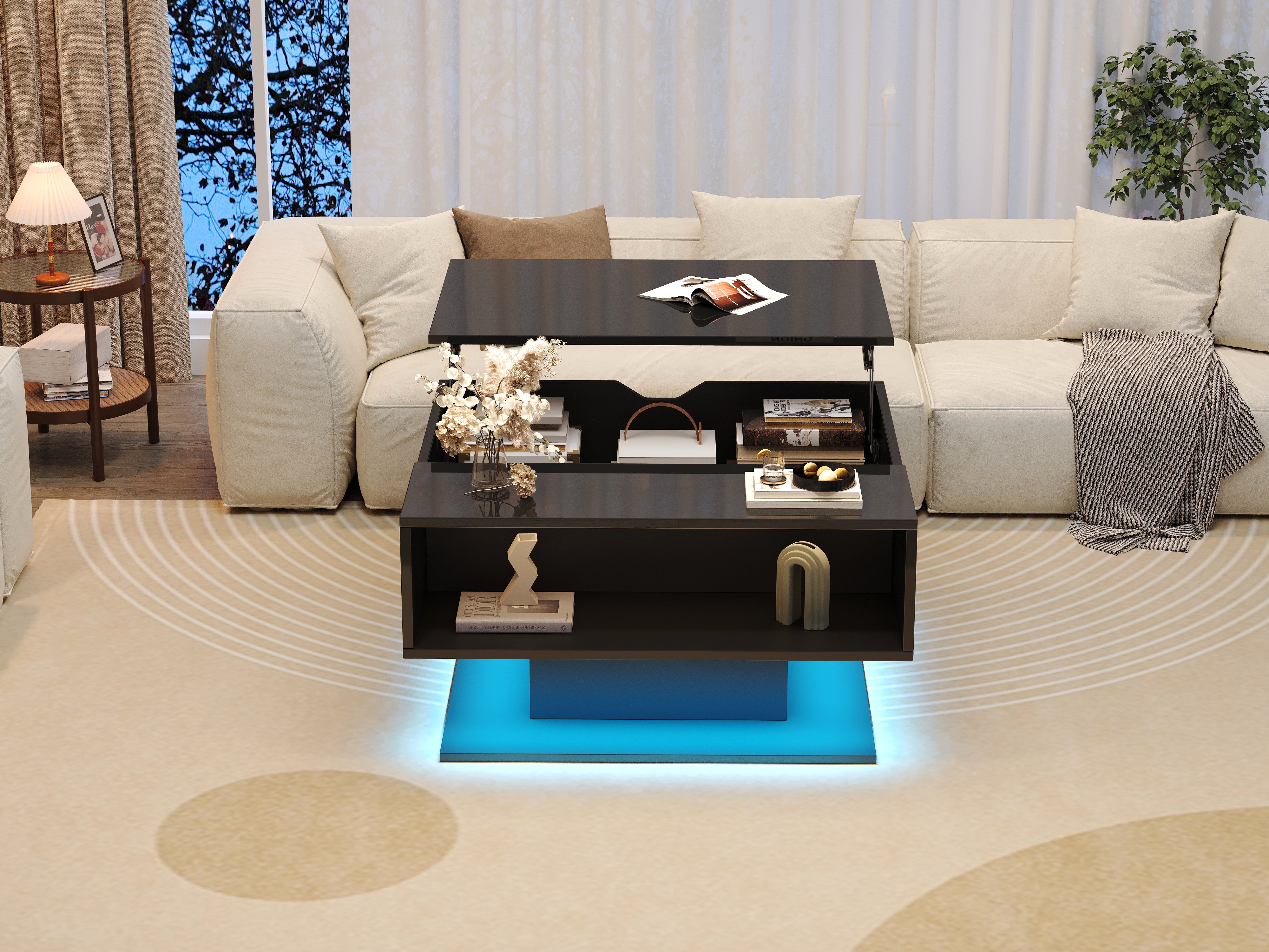 Coffee Table with Hydraulic Lift, High-Gloss, Storage, Black