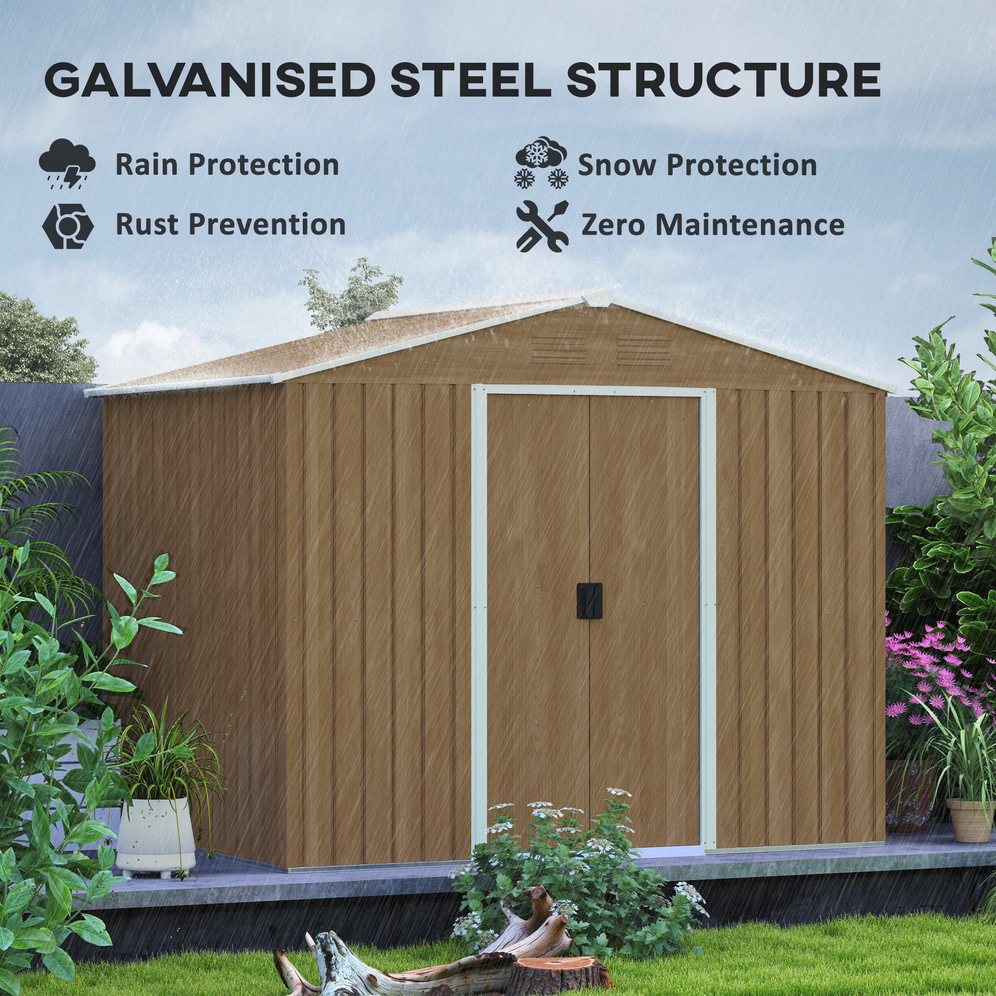 Galvanised Steel Shed, Double Door - Brown