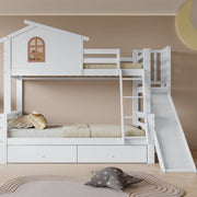 Bunk Bed with Windows, Slide, Two Drawers, Solid Wood Frame, White