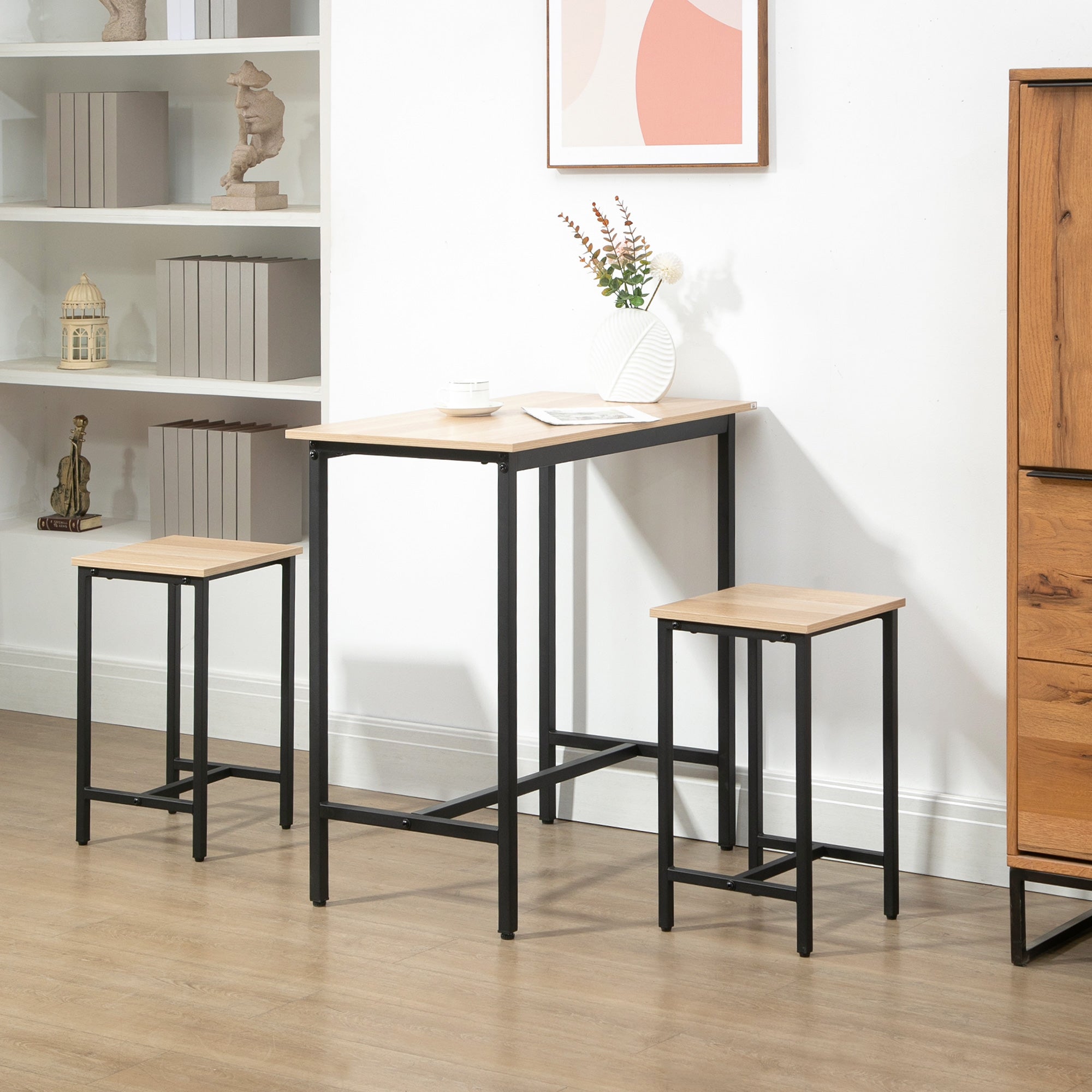 3-Piece Dining Set, Balcony & Garden, Natural Wood Look & Black