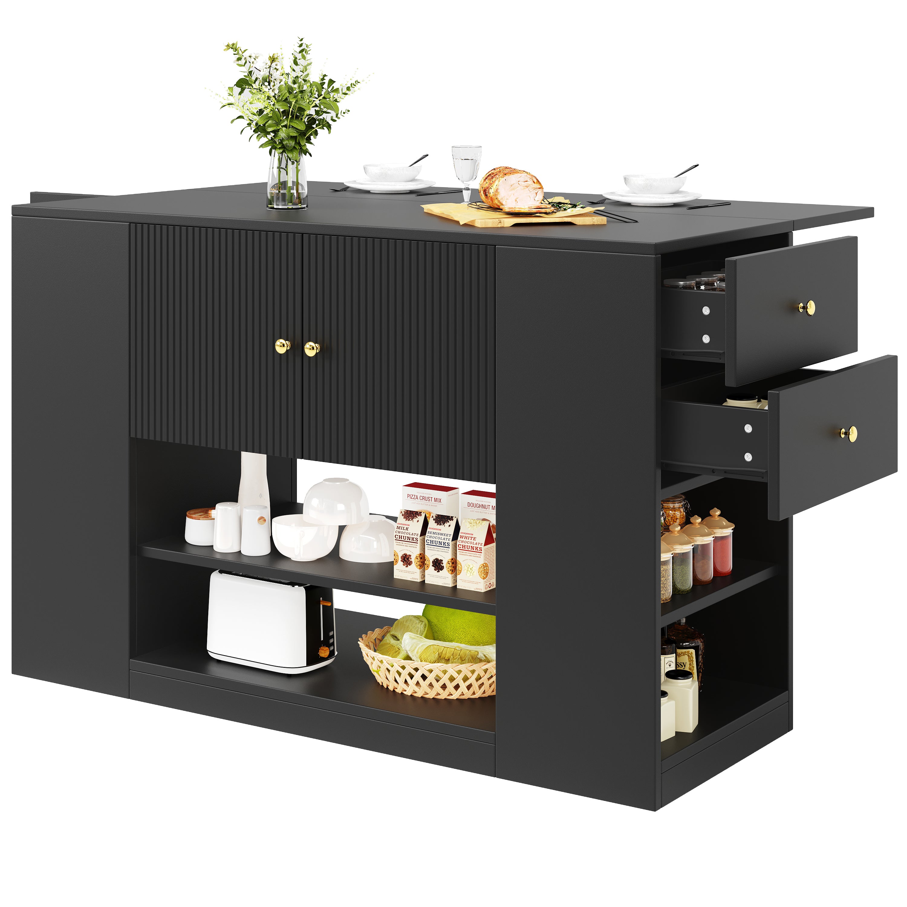 Modern Kitchen Island Cabinet Drawers Shelves Buffet Storage - Black