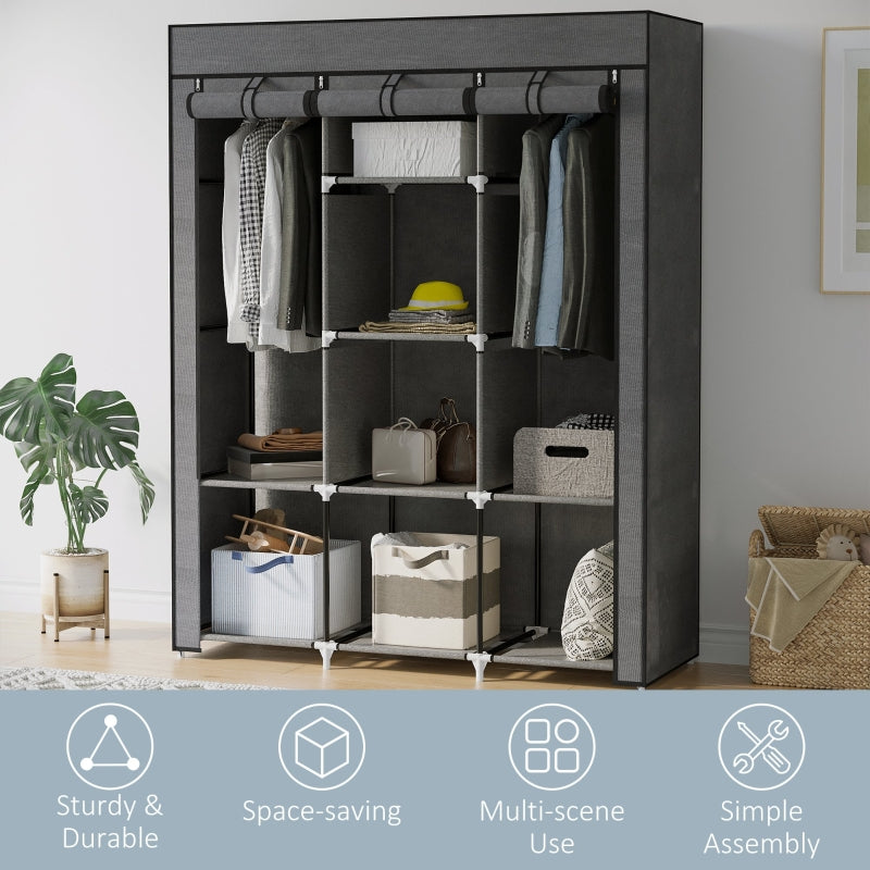 Fabric Wardrobe with Rails and Shelves - Dark Grey