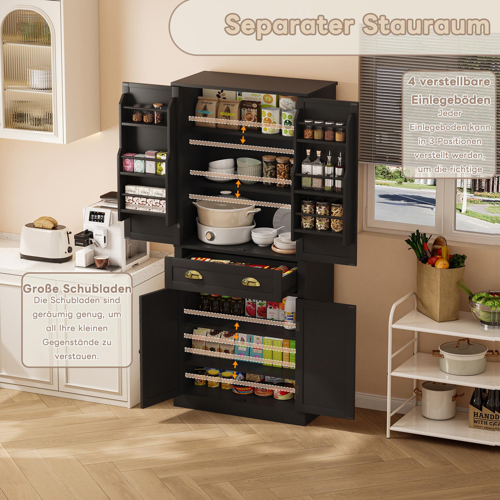 Storage Cabinet 182cm 4 Doors 1 Drawer Adjustable Shelves - Black