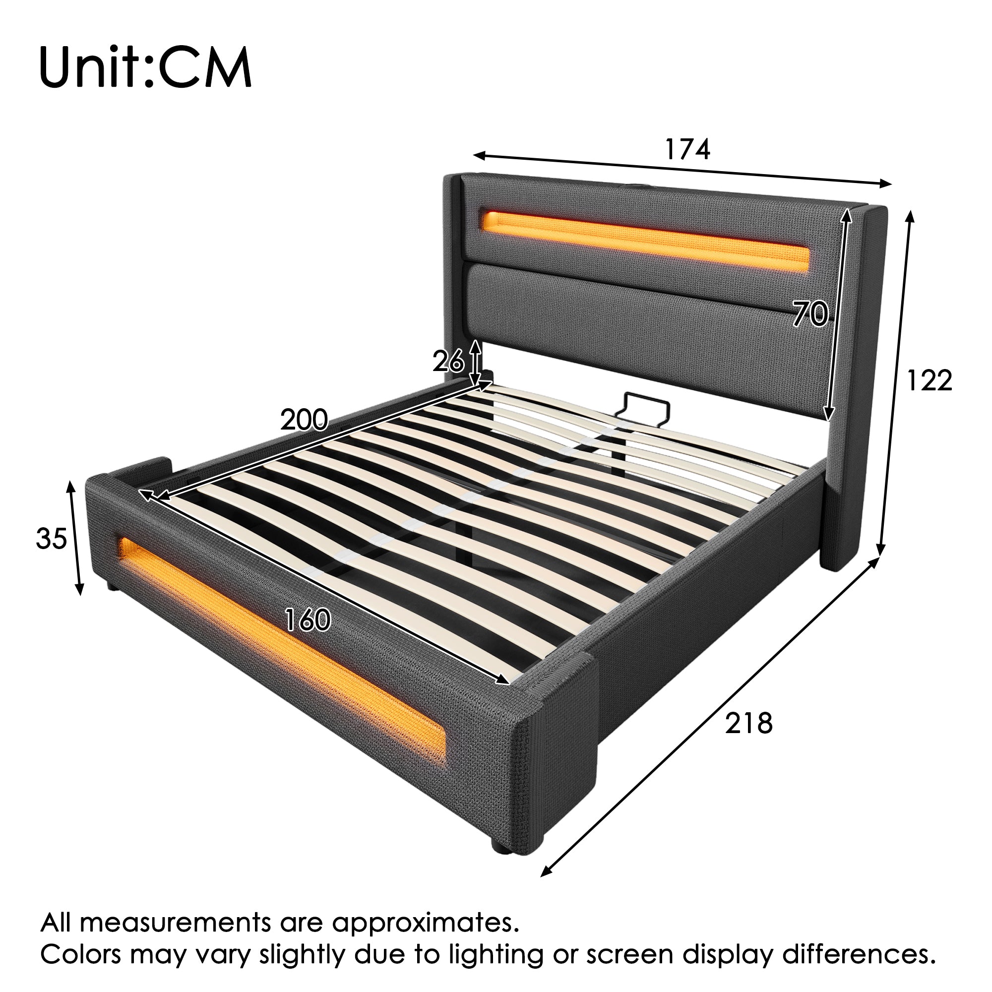 Upholstered Double Bed, 160x200 cm LED Storage with USB-C, Metal Frame, Gray Linen