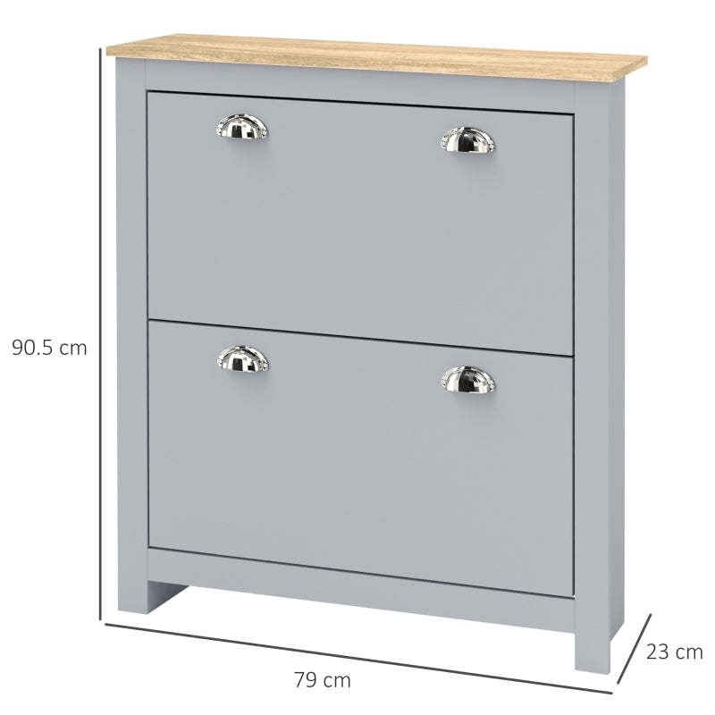 2 Drawer Shoe Cabinet Narrow Hallway Storage Organiser Wooden Grey