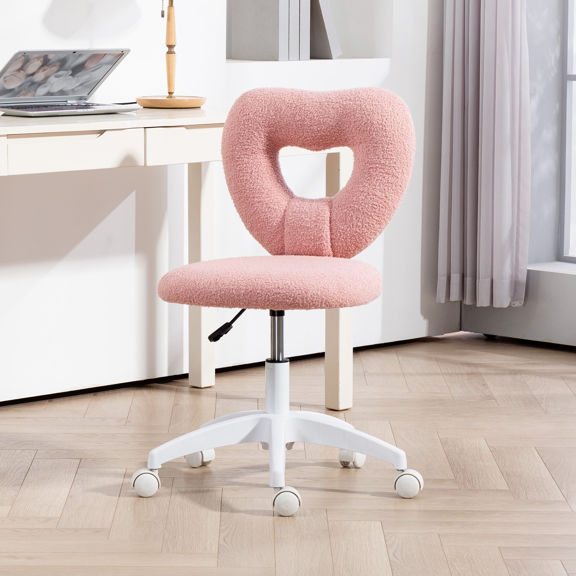 Armless Heart Chair Swivel Adjustable Height Wheels Teddy Fleece, Pink