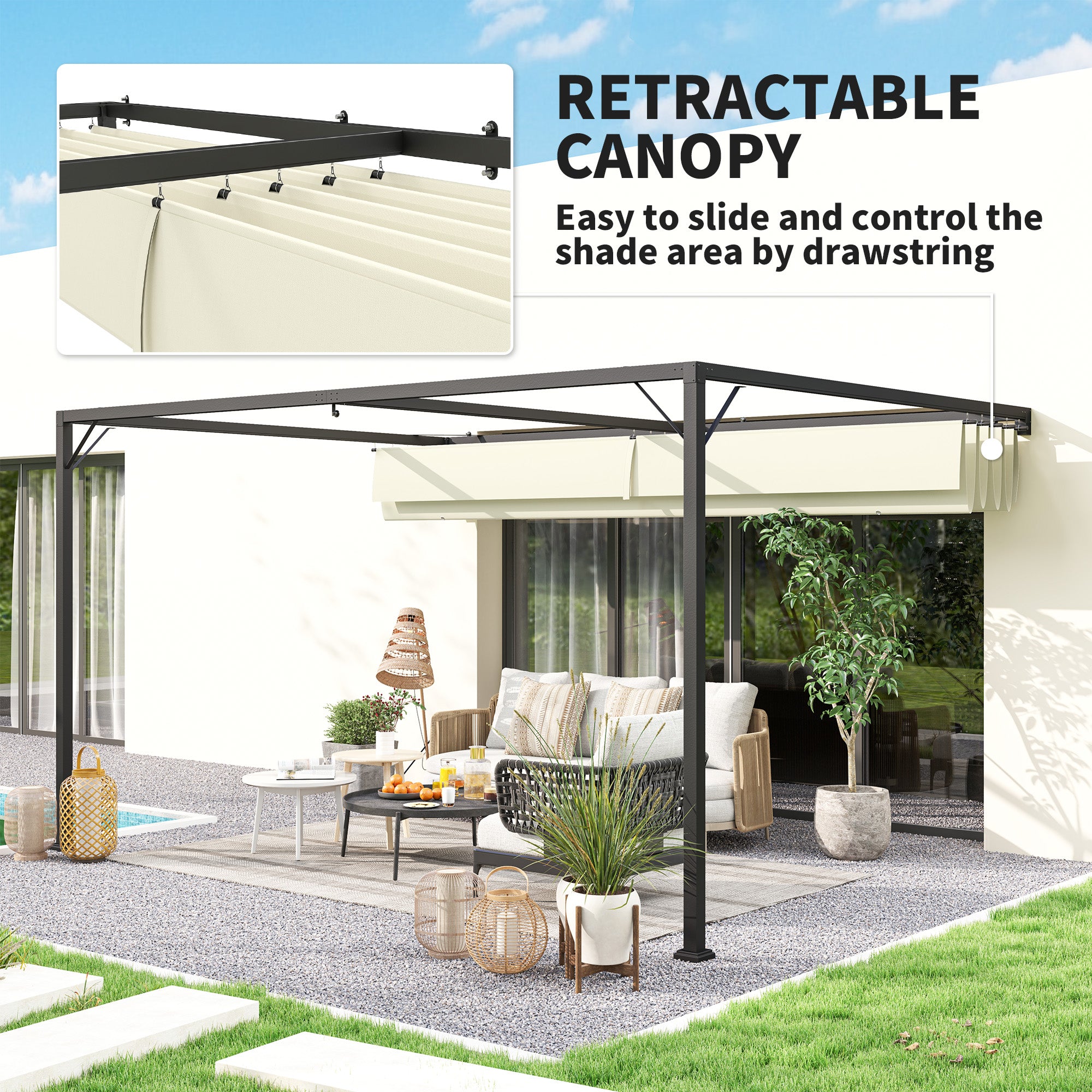 Pergola, 4 x 3 m Retractable Sliding Canopy, Cream