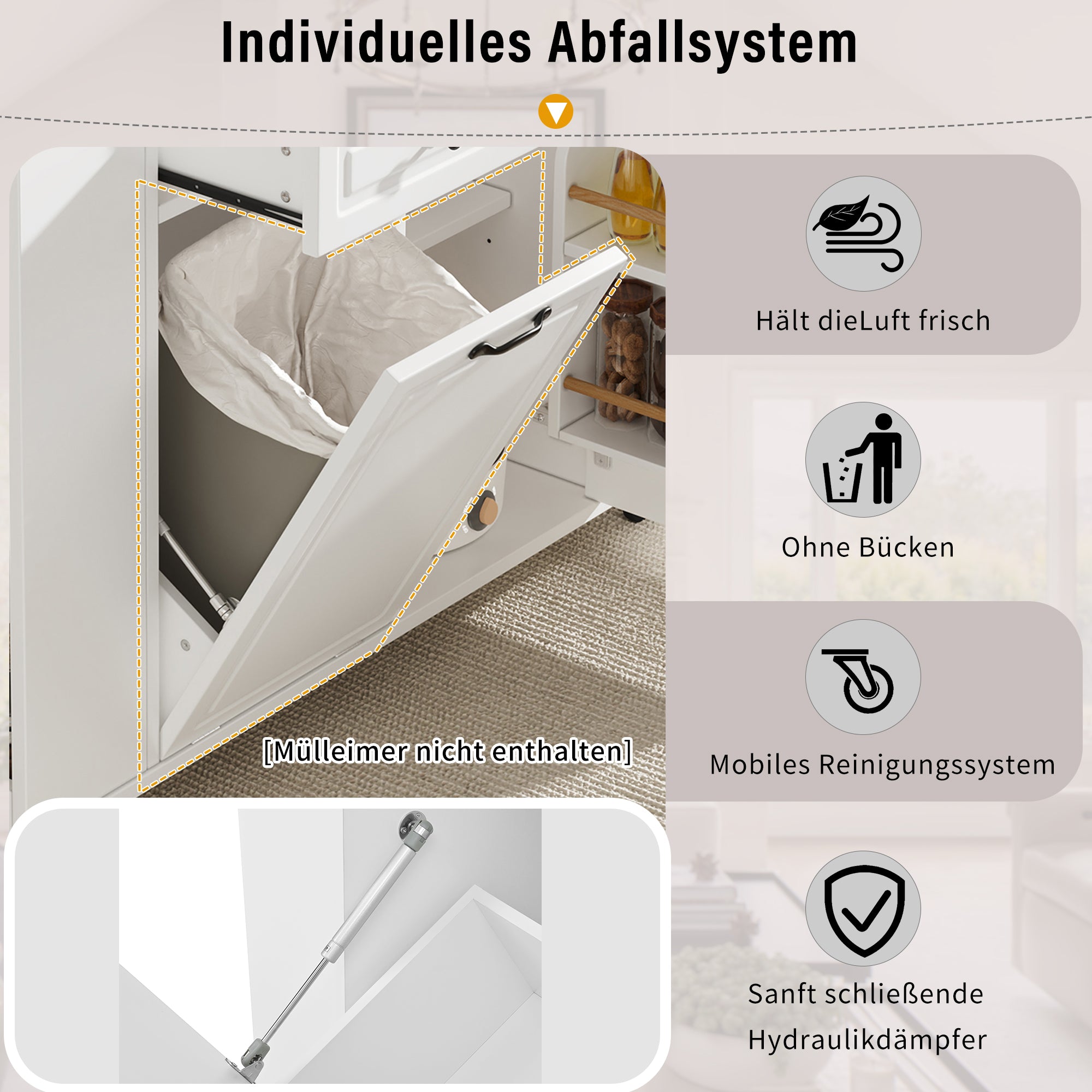 Kitchen Island Mobile Extendable Dining Table Waste Bin Towel Rack Power Strips - White