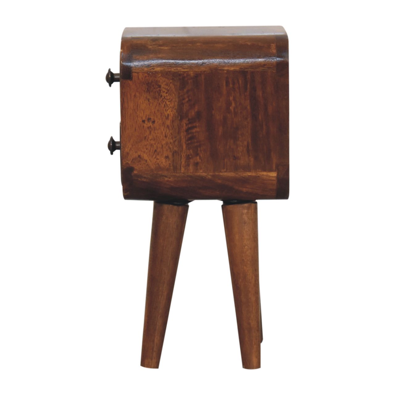 Bedside Table, Extra Mini Curved Chestnut 2 Drawers, Dark Brown Solid Wood