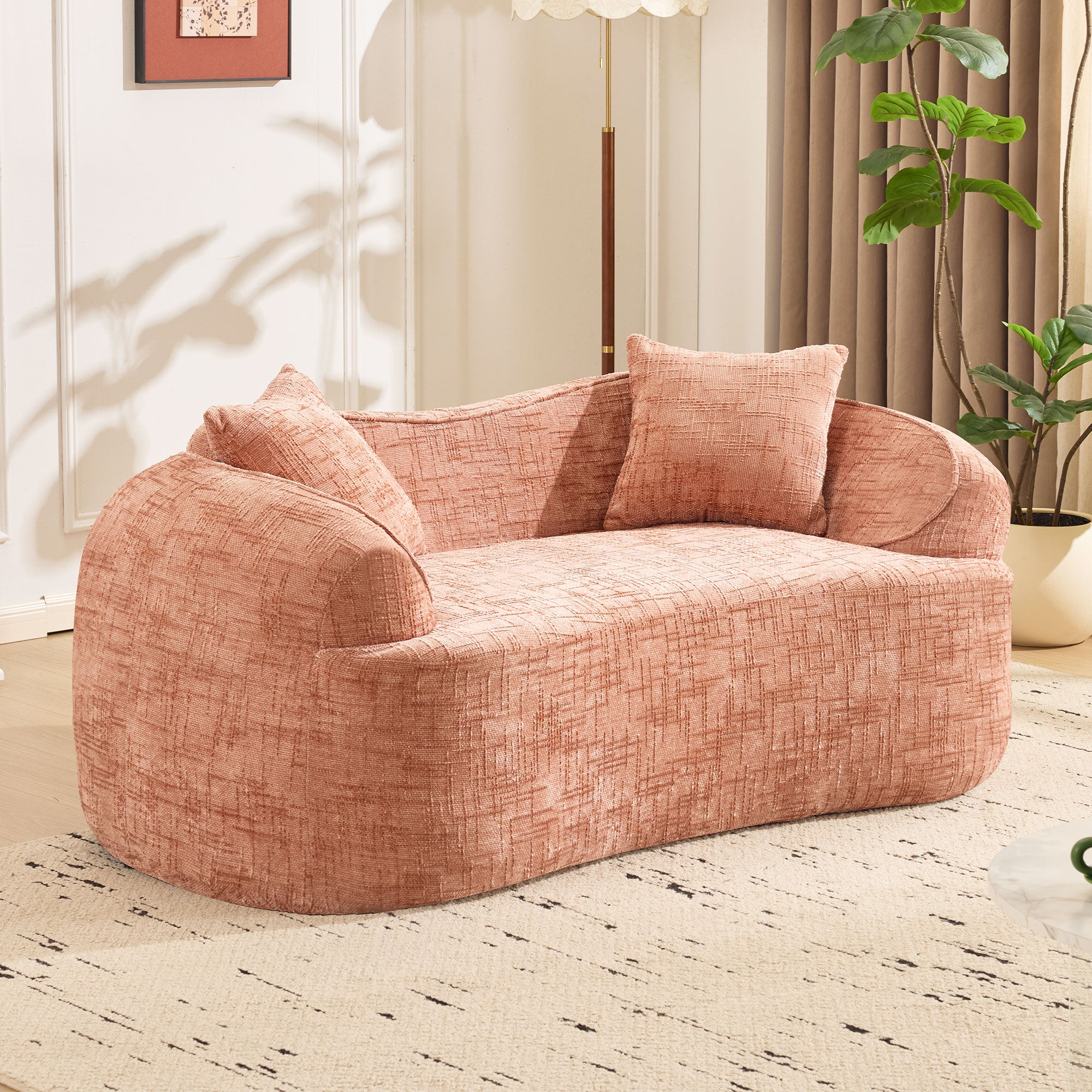 Sofa, curved two-seater with armrests and 2 cushions, cream linen