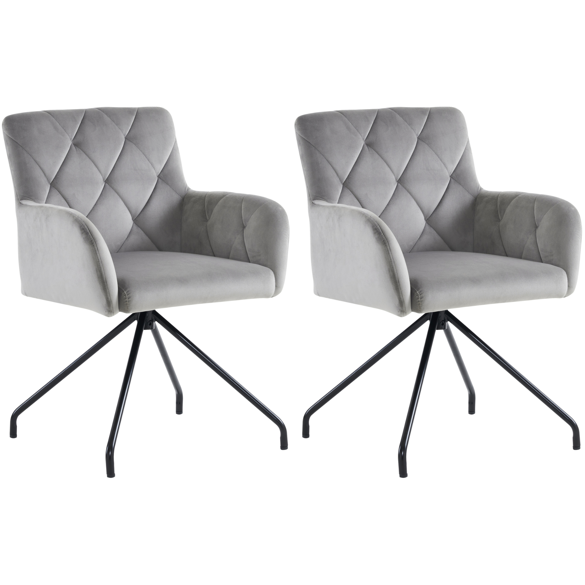 Set of 2 Dining Chairs with Diamond Pattern and Lumbar Support, Light Grey Velvet