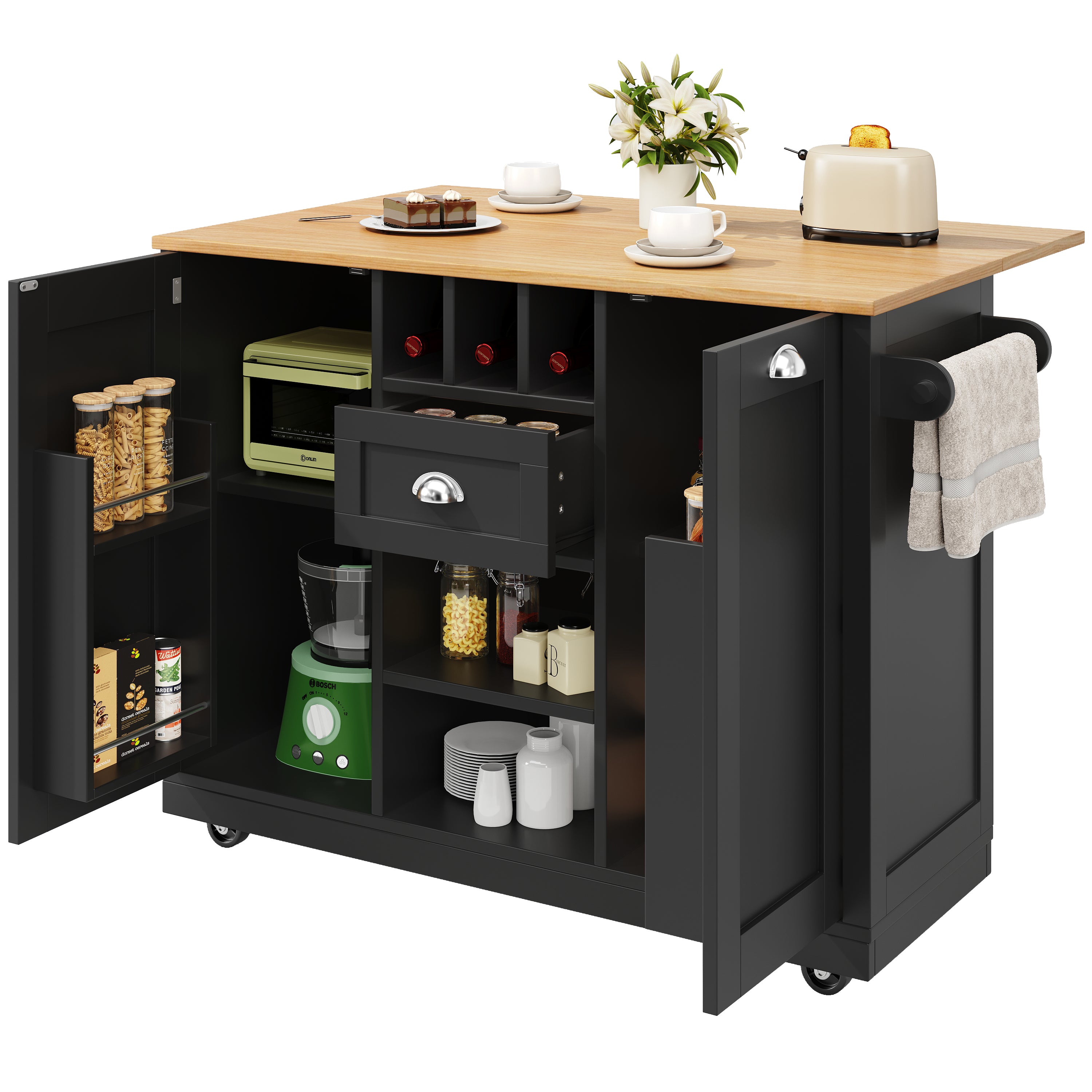 Kitchen Island Dining Trolley with Wine Rack and Casters, Black Wood Grain