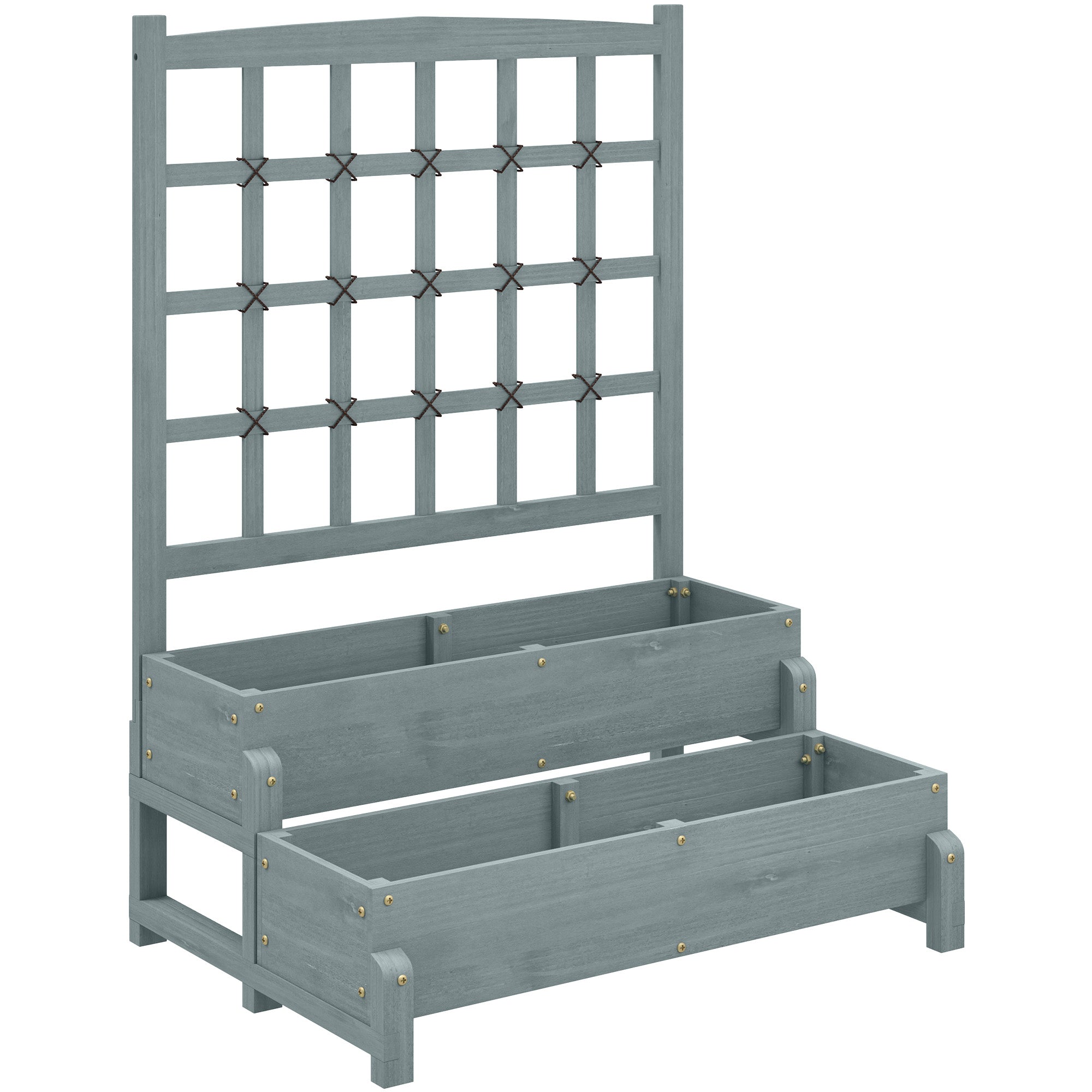 2-Tier Raised Garden Bed, Elevated Planter with Trellis and Drainage, Wooden Grey