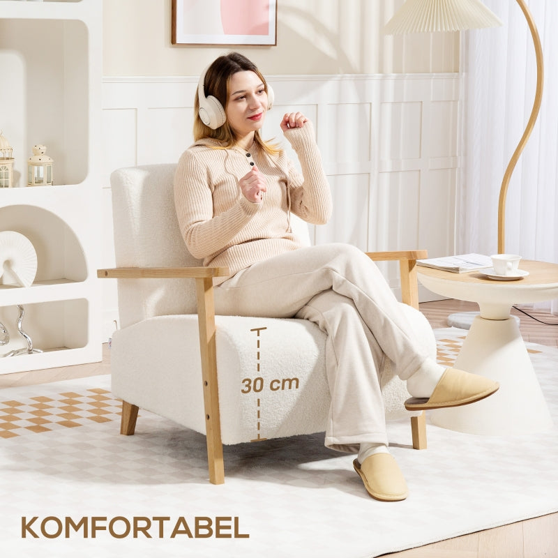 Armchair, Upholstered Lounge with Wooden Legs, Cream White