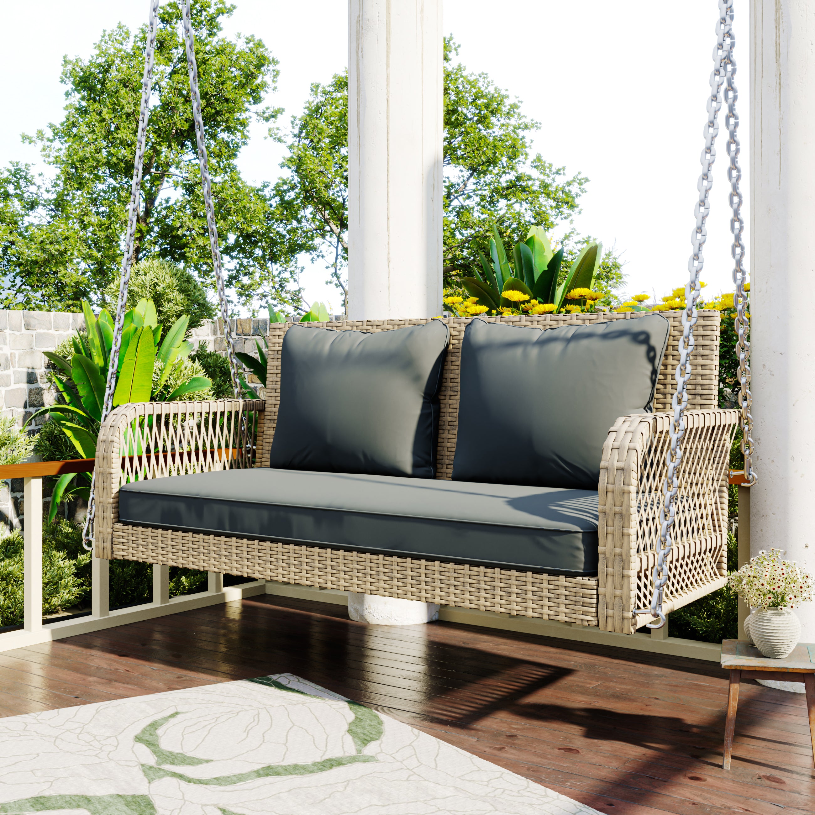 Hollywood Swing 2-Seater Outdoor Rattan, Beige/Grey Cushion