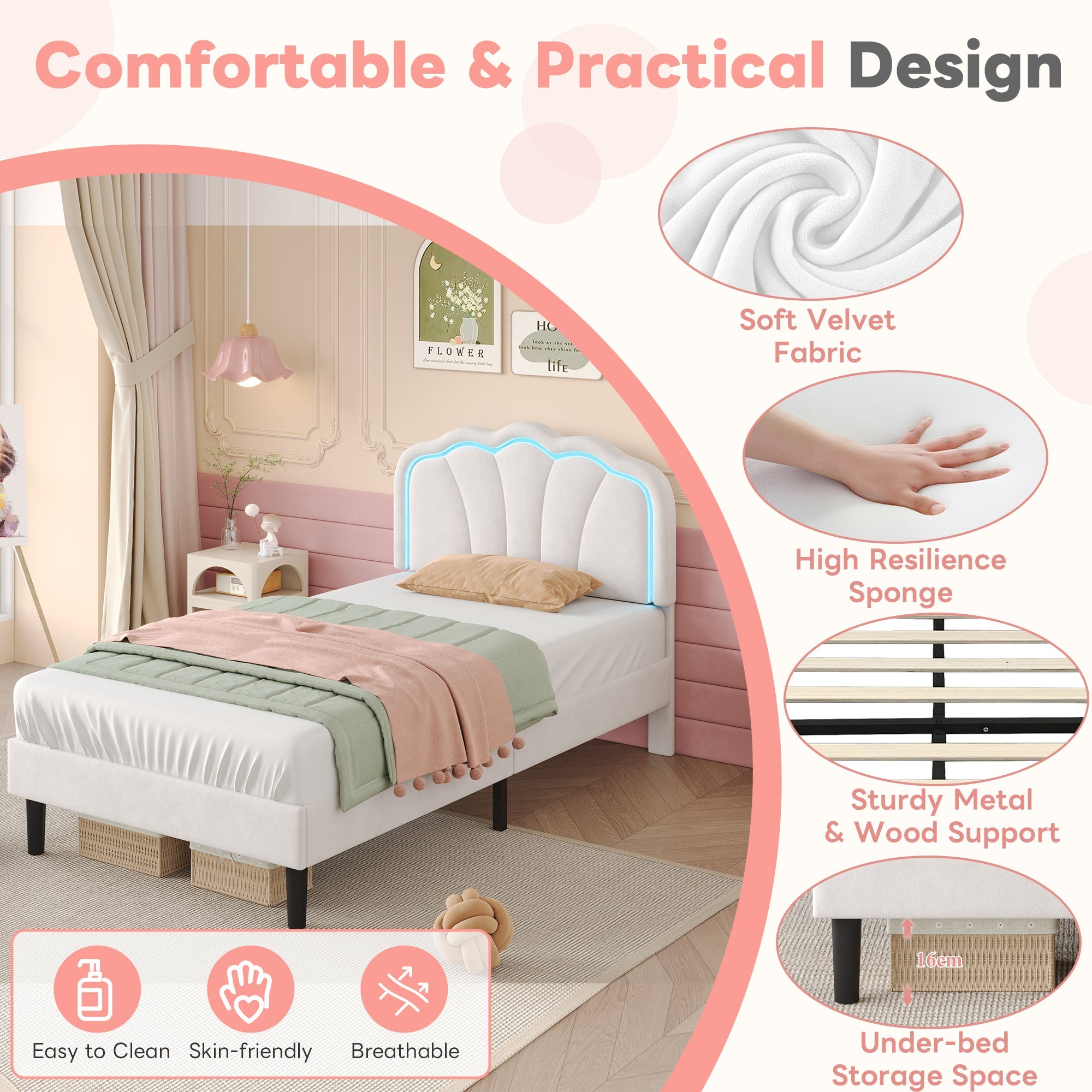 3ft Single Upholstered Bed with LED Adjustable Shell Shape Headboard, Cream White Velvet