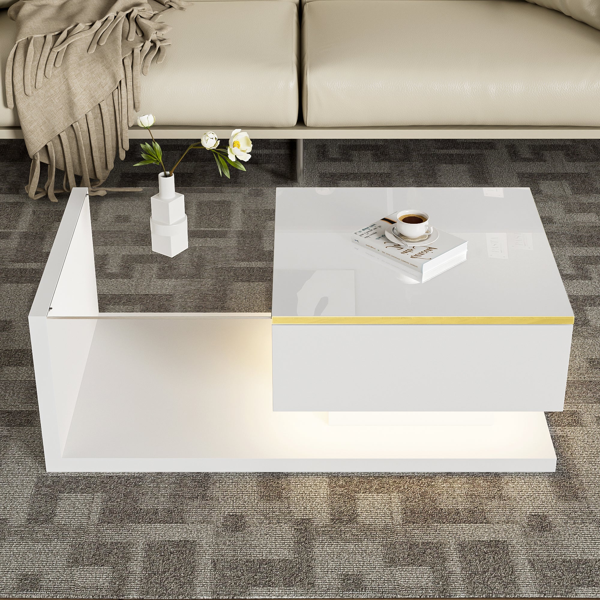 Coffee Table, 90cm Long with High-Gloss White Finish