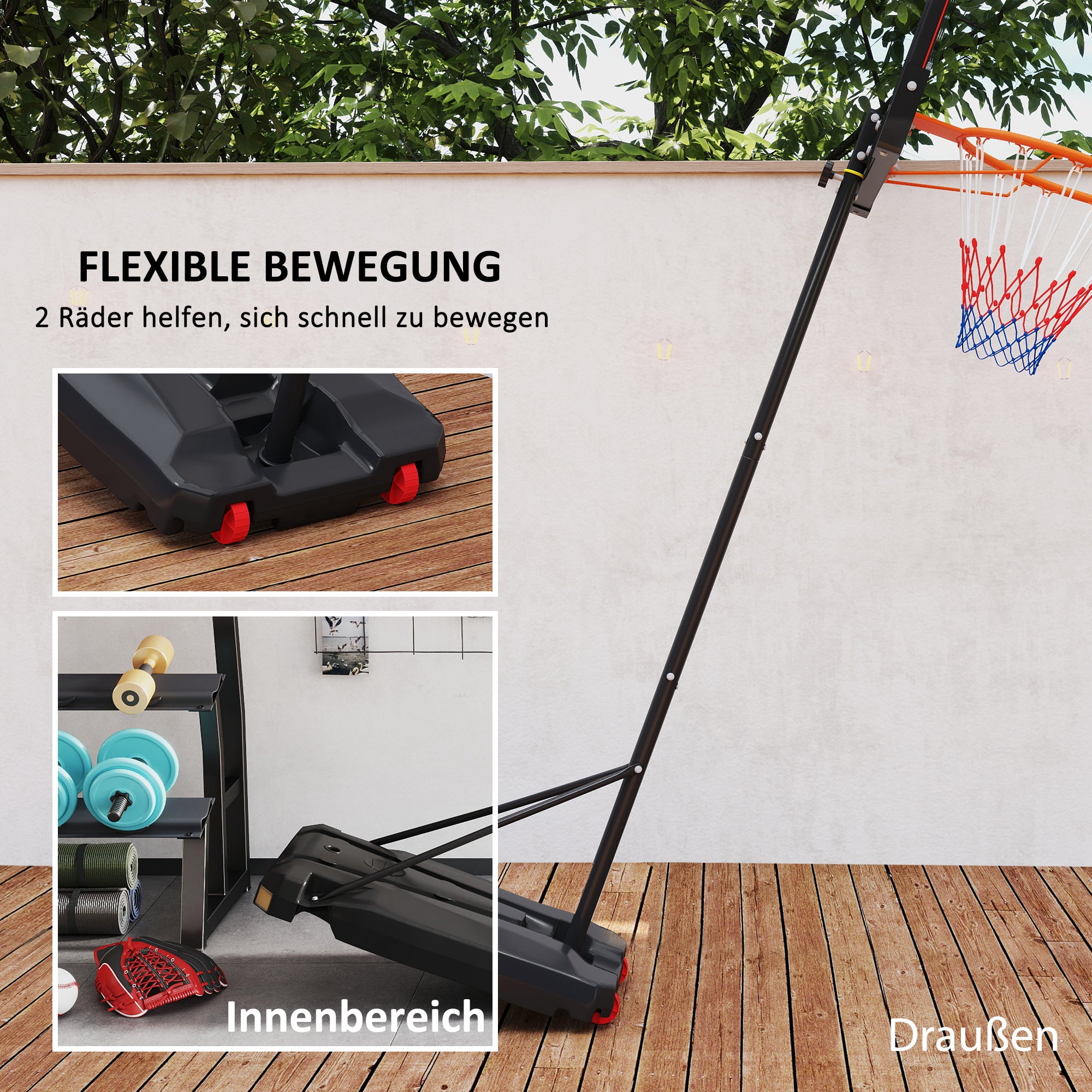 Outdoor Basketball Hoop, Height-Adjustable with Wheels, Red