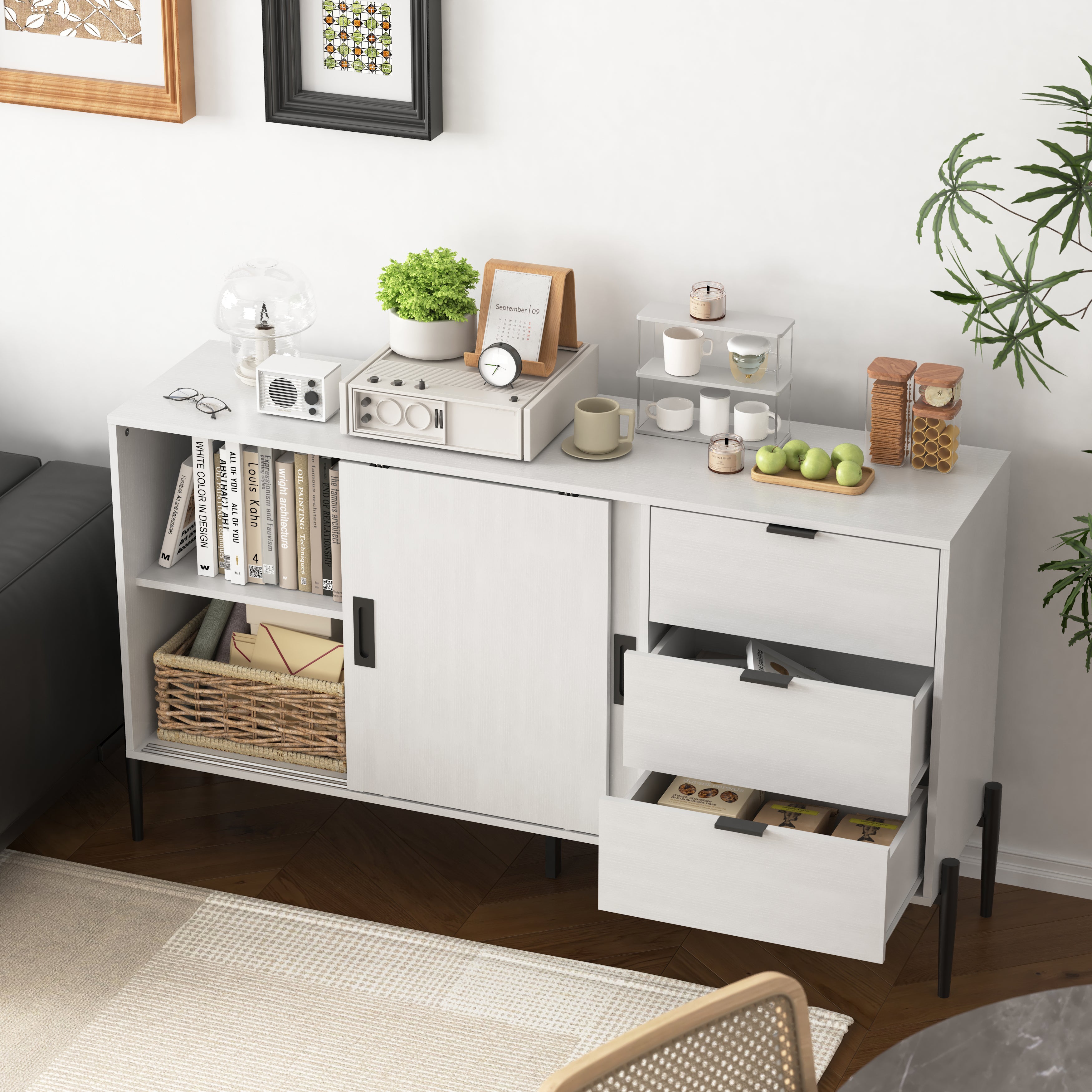 Sideboard Glass Sliding Door 3 Drawers Console Table - White